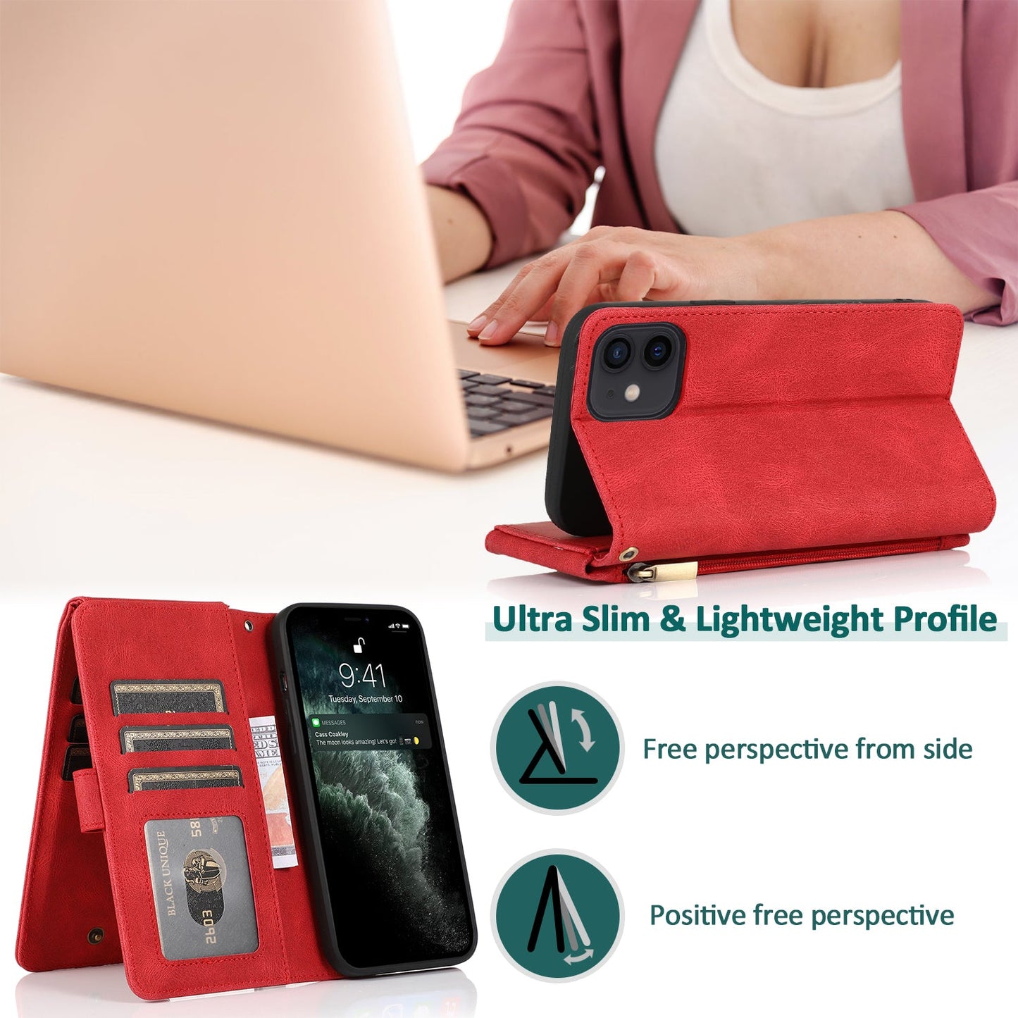 Étui en Cuir à Fermeture Éclair Multi-cartes Sensation Luxueuse pour iPhone 12 et 11 Series