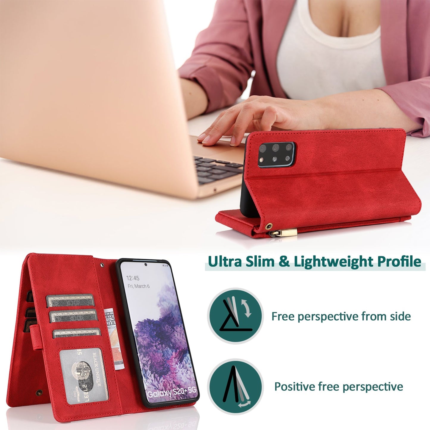 Étui en cuir de luxe à fermeture éclair multi-cartes sensation peau pour Samsung S20 Plus