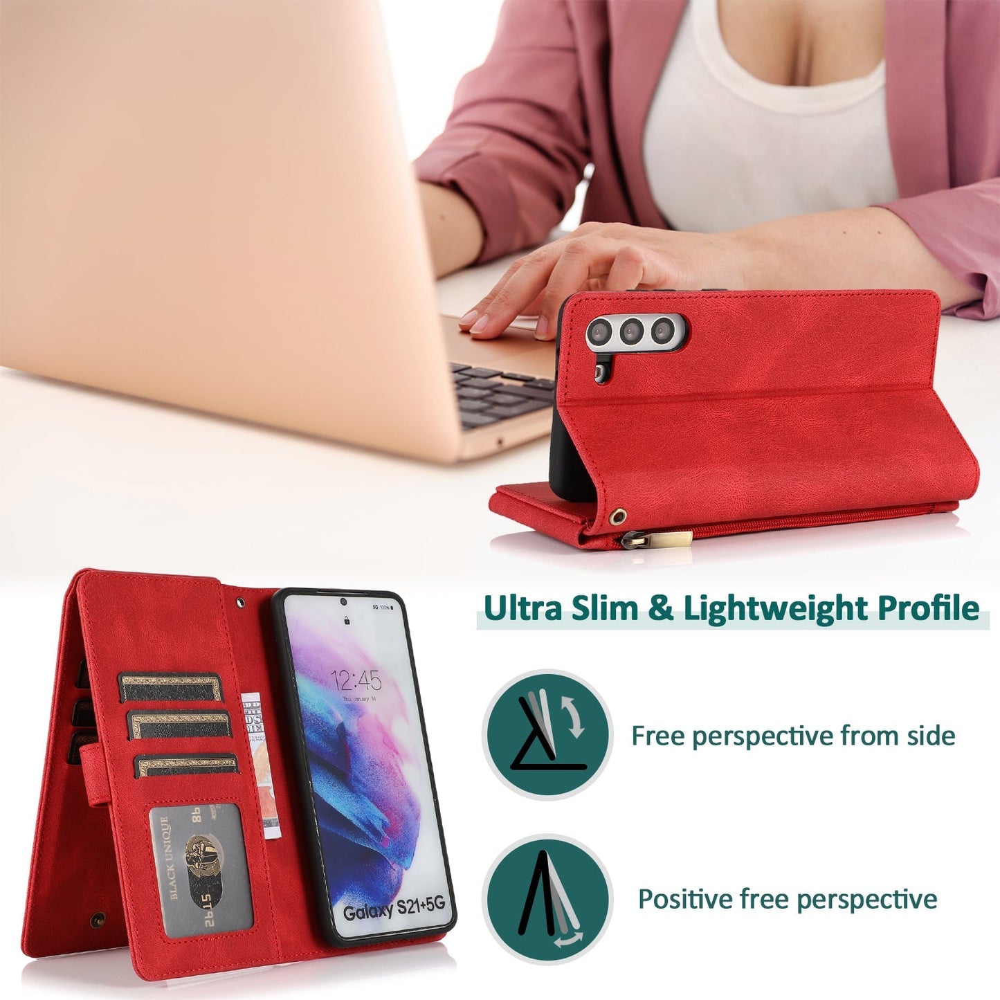 Étui en cuir à fermeture éclair multi-cartes, toucher luxueux, pour Samsung S21FE