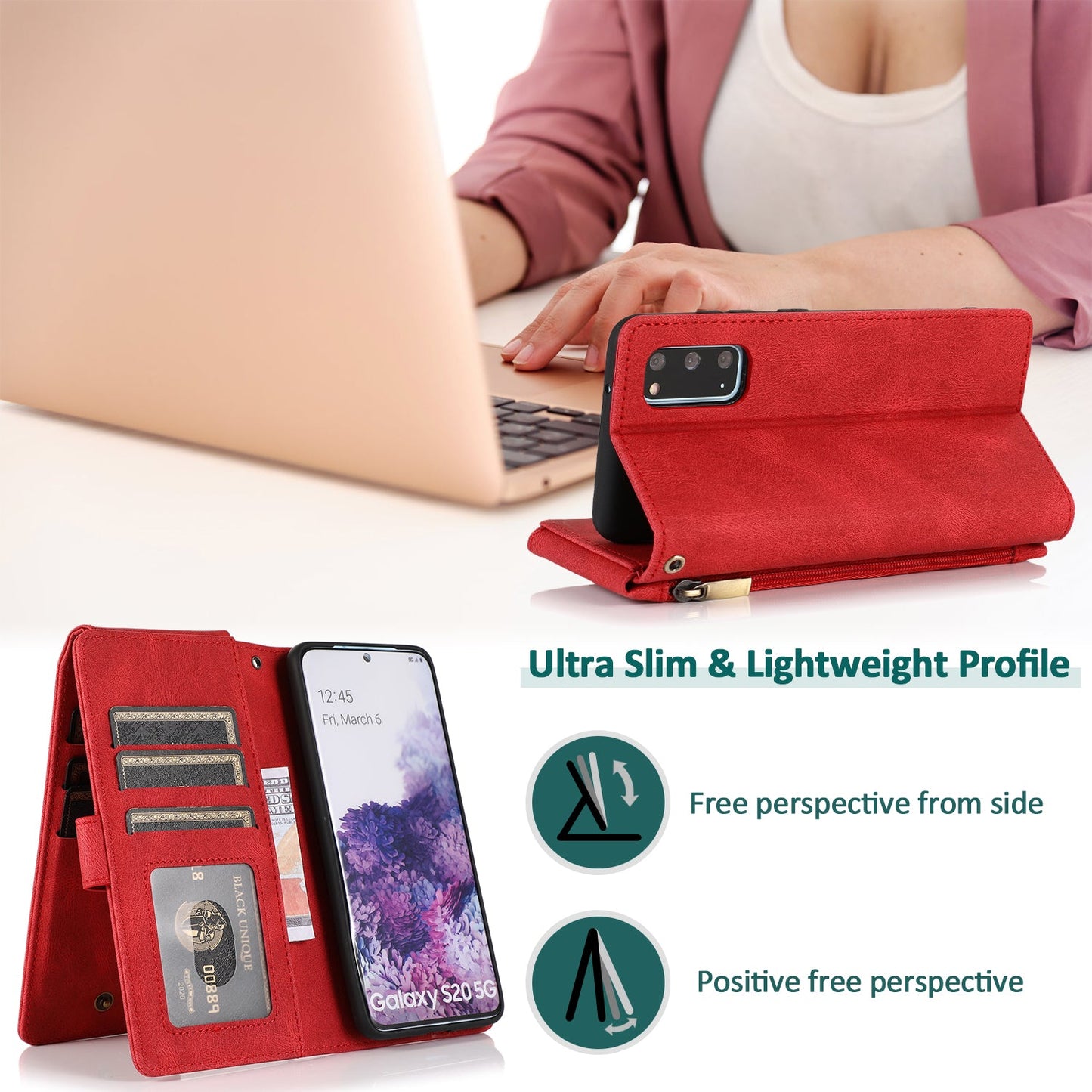 Étui en cuir zippé multi-cartes de luxe "peau de pêche" pour Samsung S20