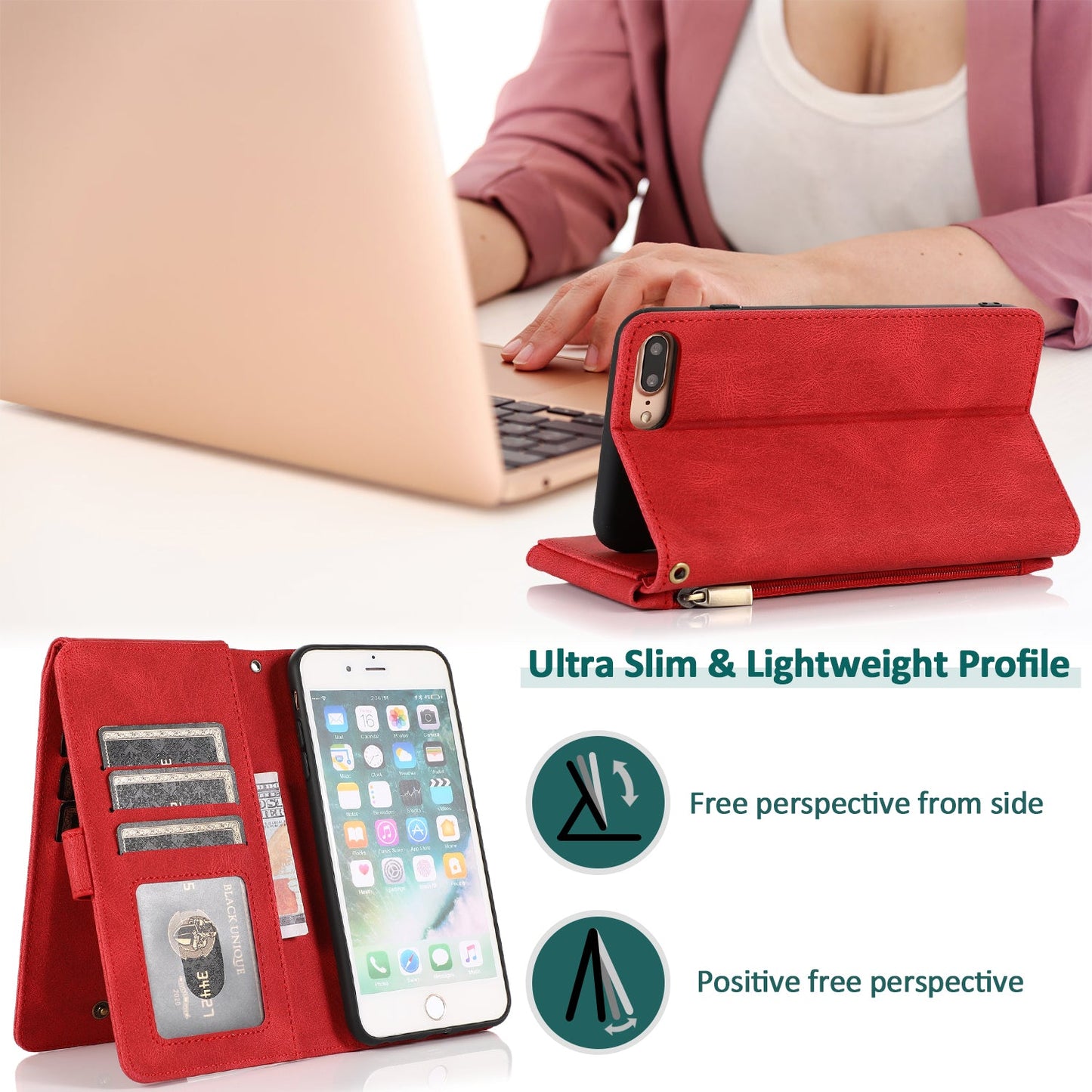 Luxury Skin Feel Multi-card Zipper Leather Case For iPhone 7 Plus/8 Plus