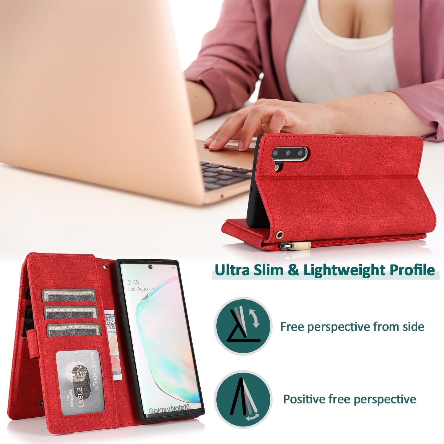 Lederhülle mit Reißverschluss und mehreren Kartenfächern im Luxus-Skin-Feel-Design für Samsung Note10