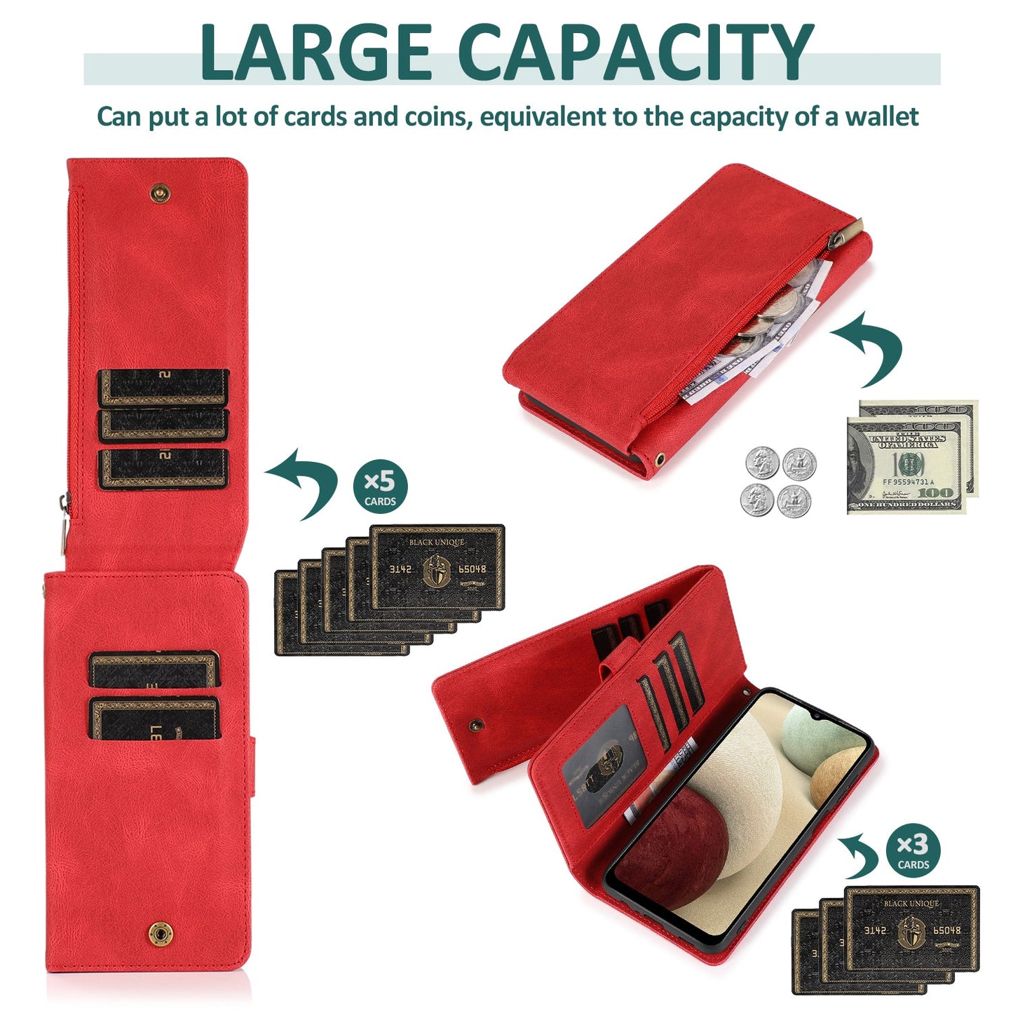 Étui en cuir de luxe avec fermeture éclair et emplacements pour cartes multiples pour Samsung A12