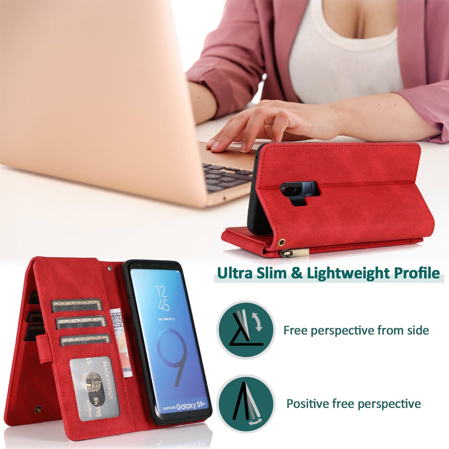Étui en Cuir de Luxe Multi-cartes avec Fermeture Éclair pour Samsung S9 Plus