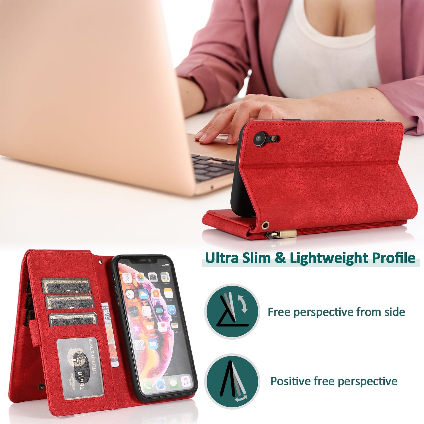 Luxuriöse Handyhülle aus Leder mit Reißverschluss und mehreren Kartenfächern für iPhone XR