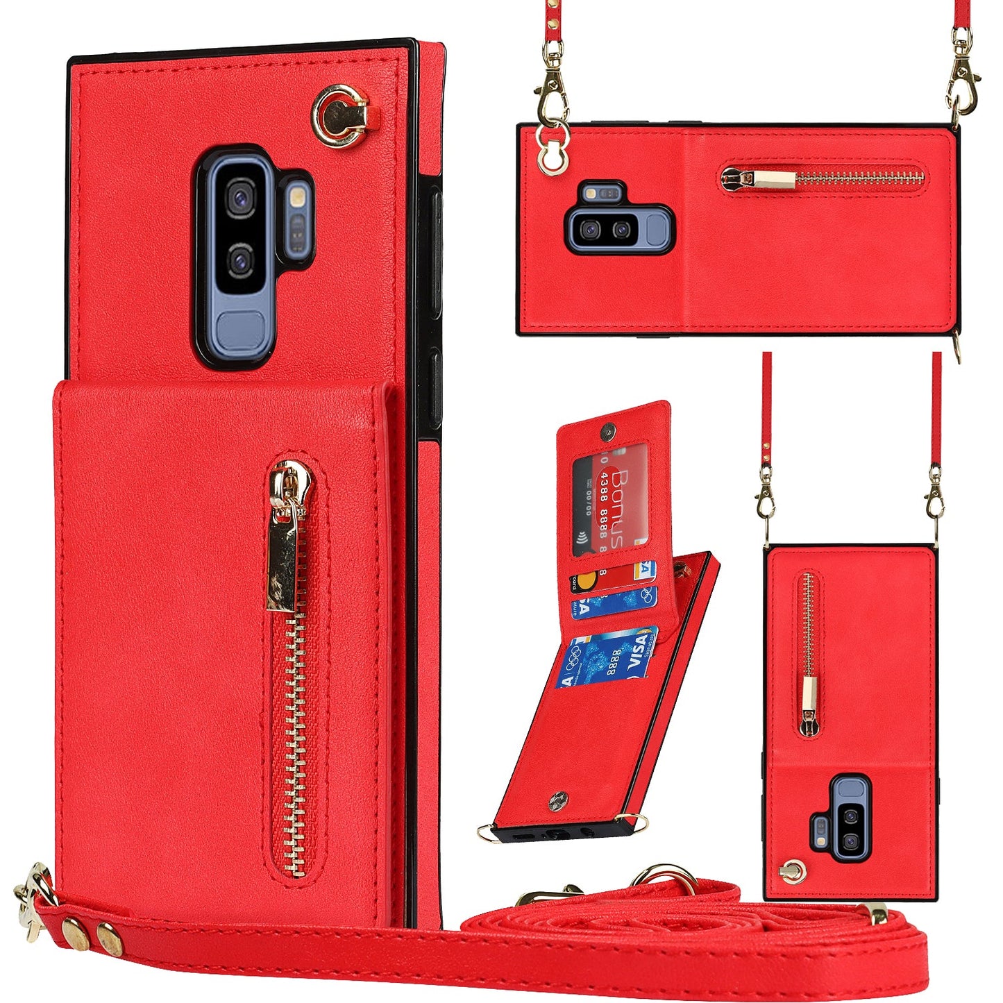 Nouvel étui de téléphone portefeuille à fermeture éclair en bandoulière pour Samsung S9 Plus