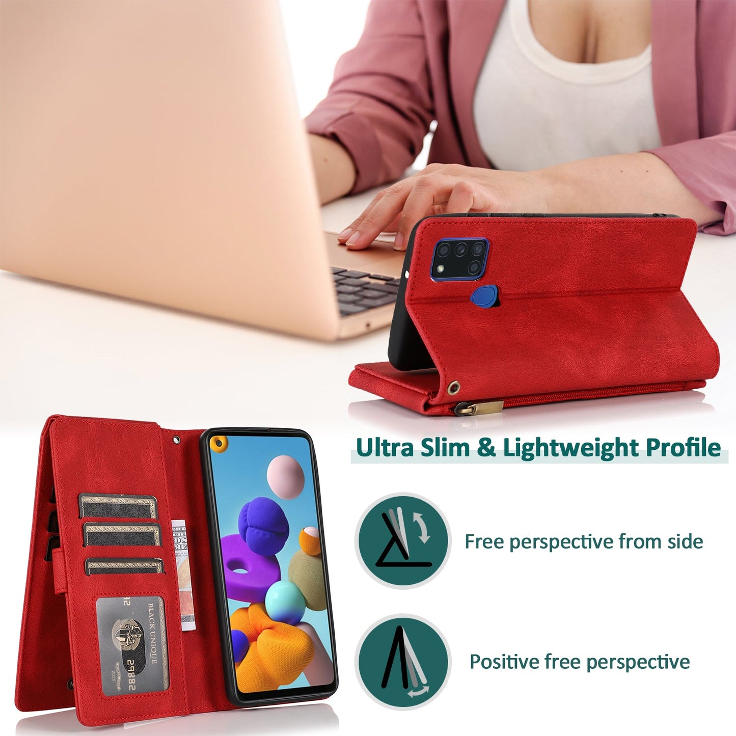 Étui en cuir zippé multi-cartes toucher de luxe pour Samsung A21S