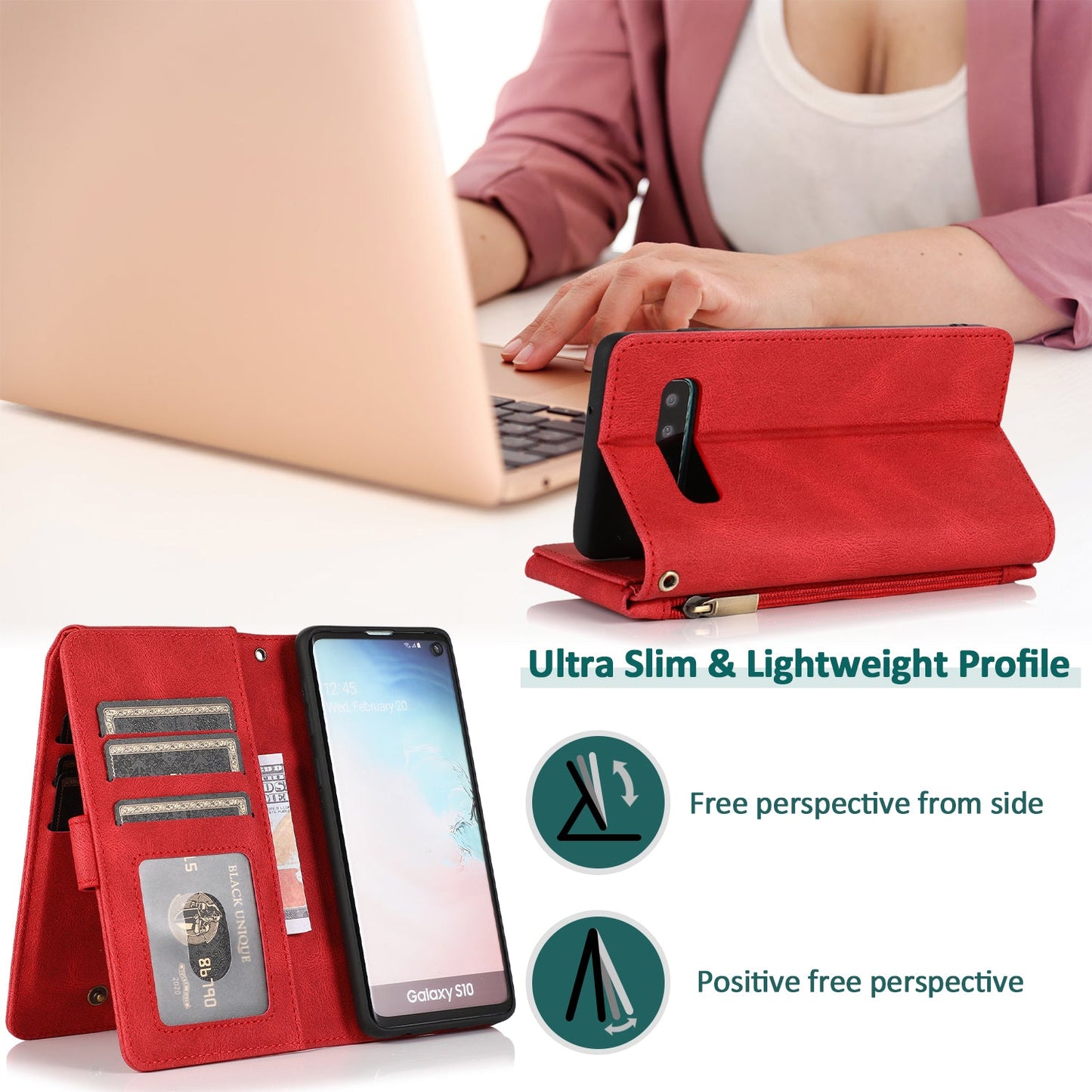 Étui en cuir de luxe avec fermeture éclair et emplacements pour cartes pour Samsung S10 Plus