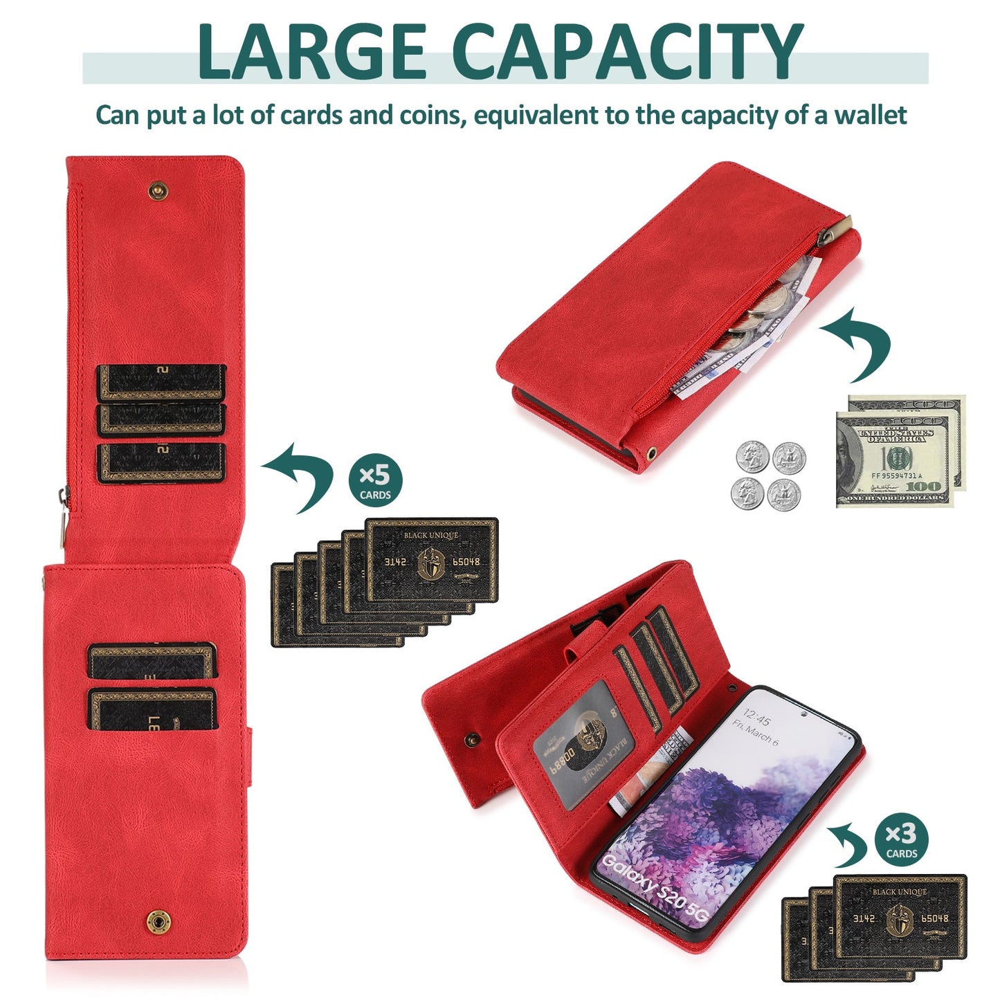 Étui en cuir zippé multi-cartes de luxe "peau de pêche" pour Samsung S20