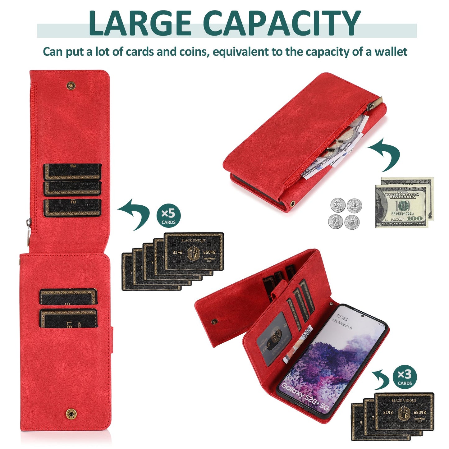 Étui en cuir de luxe à fermeture éclair multi-cartes sensation peau pour Samsung S20 Plus