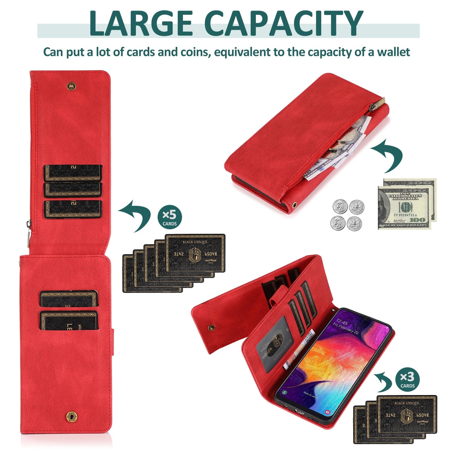 Étui en cuir de luxe à fermeture éclair multi-cartes pour Samsung A50