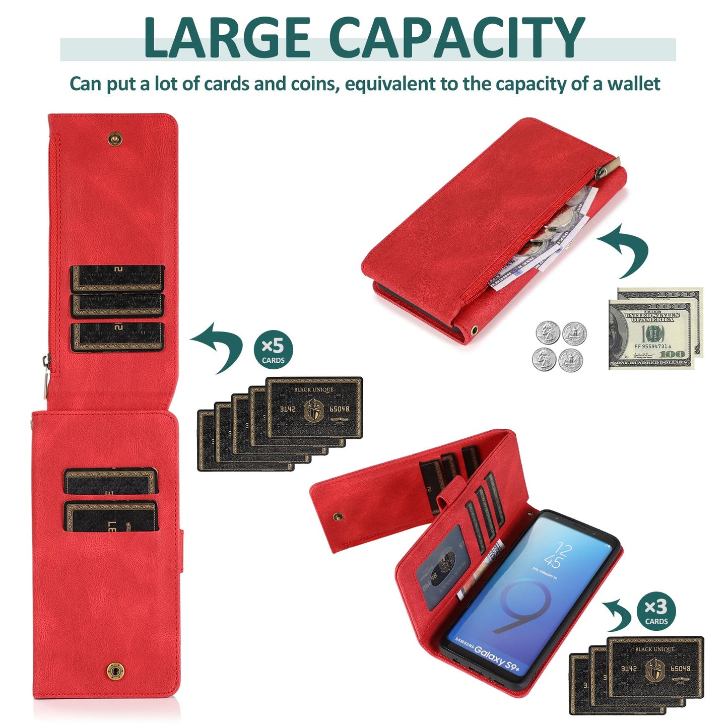 Étui en Cuir de Luxe Multi-cartes avec Fermeture Éclair pour Samsung S9 Plus