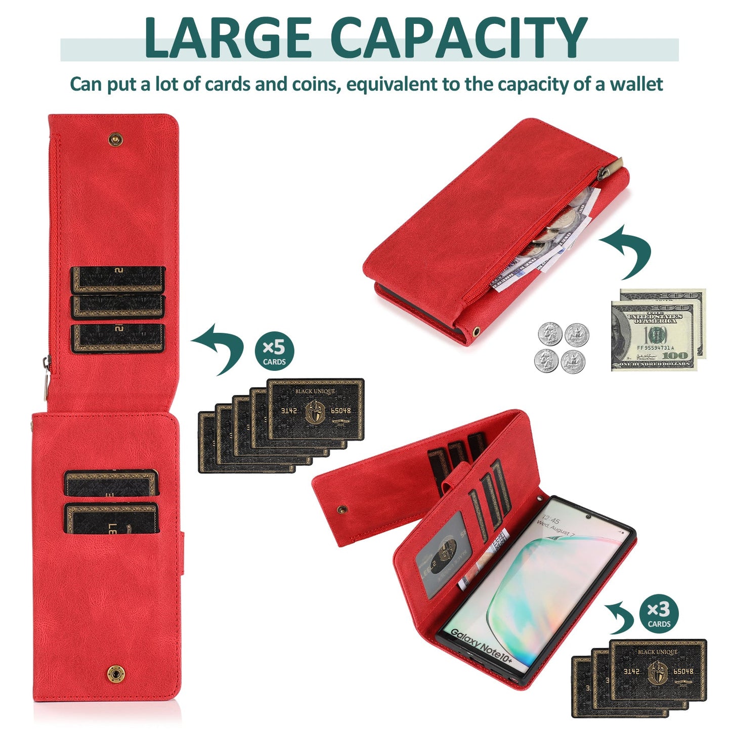 Étui en Cuir de Luxe Multi-cartes à Fermeture Éclair pour Samsung Note10 Plus