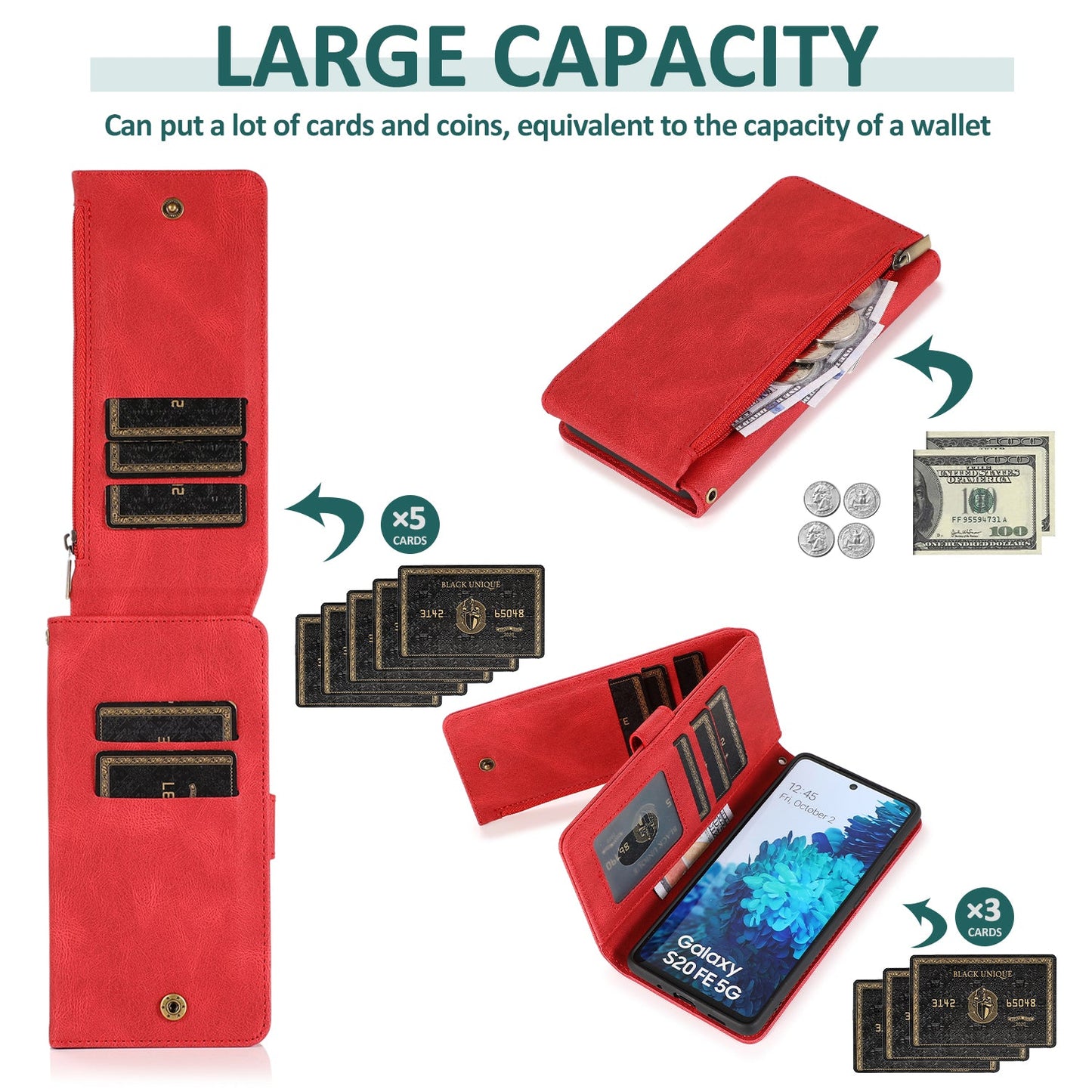 Étui en cuir de luxe à fermeture éclair multi-cartes pour Samsung S20FE 4G/5G