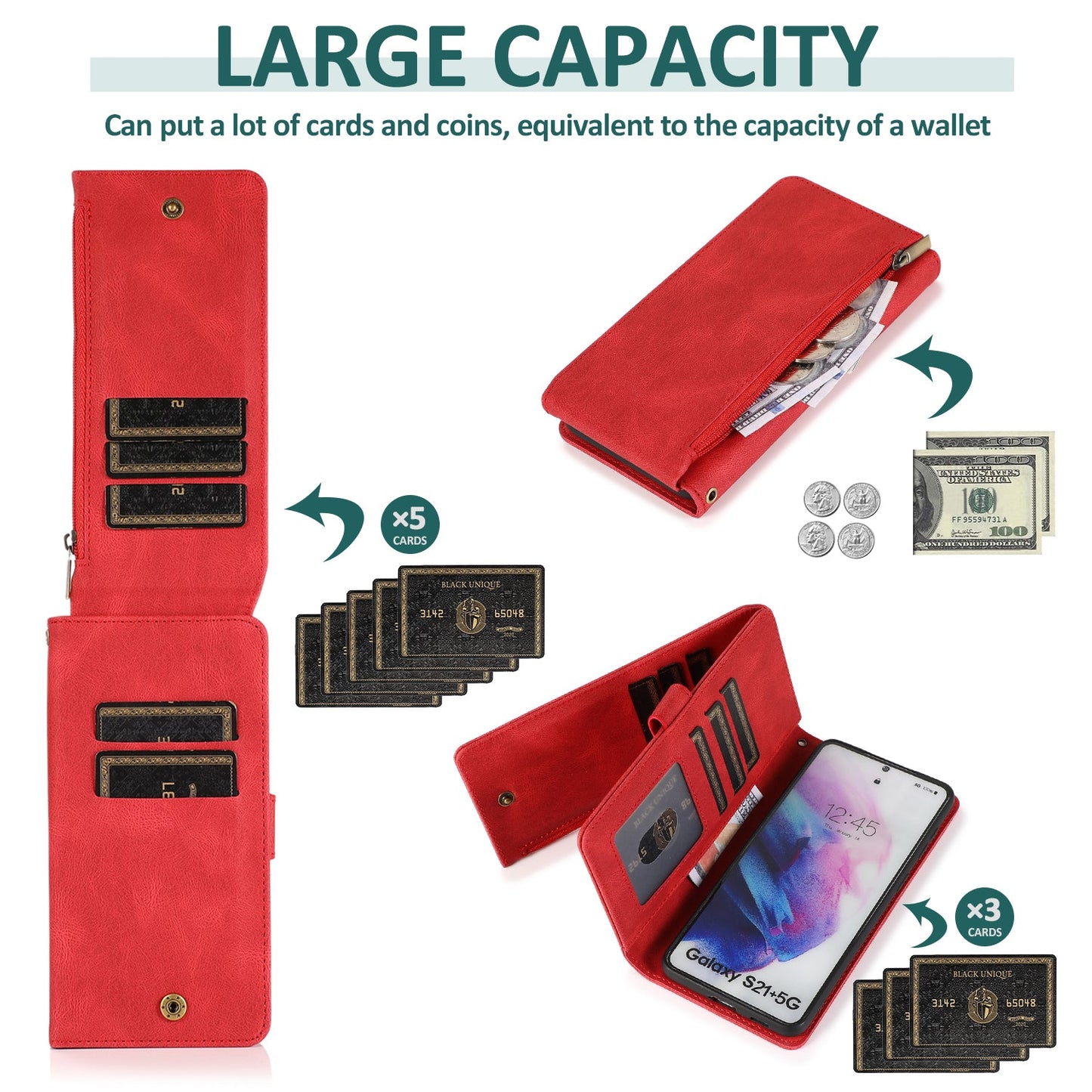 Étui en cuir de luxe avec fermeture éclair et emplacements pour cartes multiples pour Samsung S21