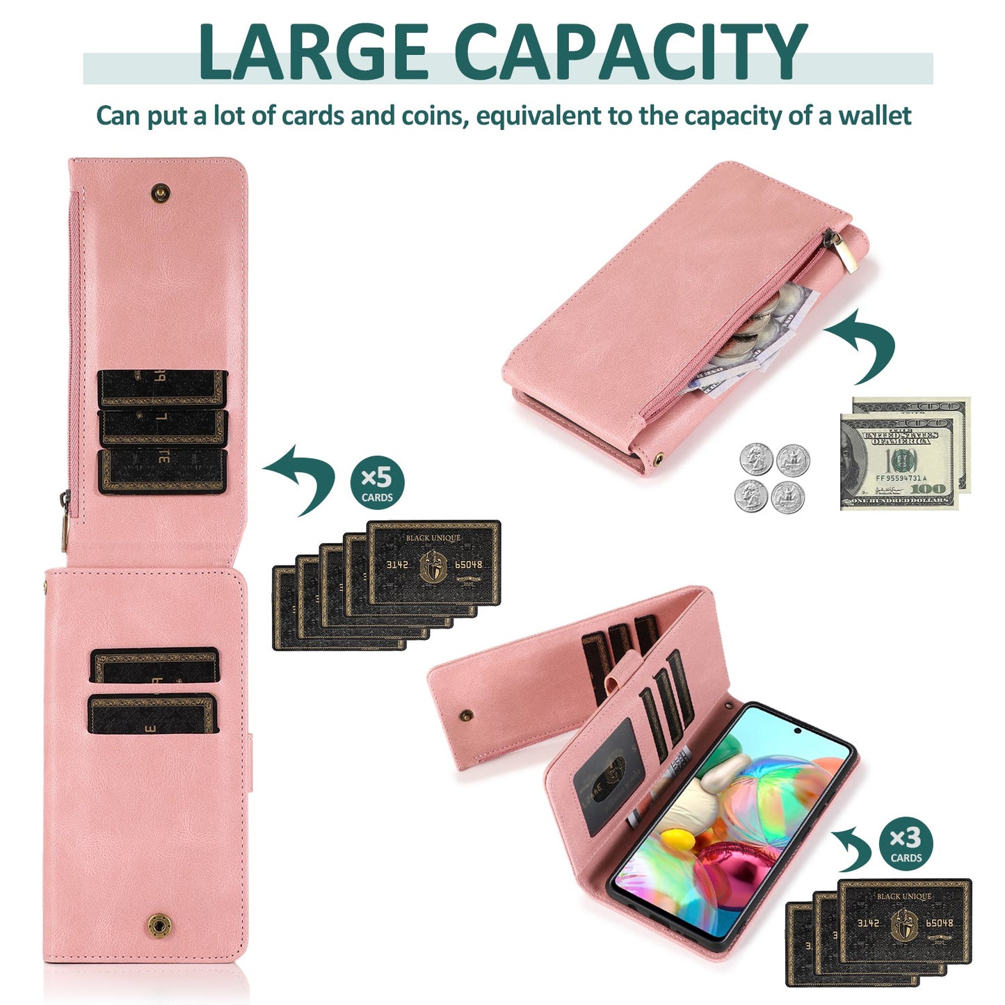 Housse en cuir zippée multi-cartes toucher peau de luxe pour Samsung A51