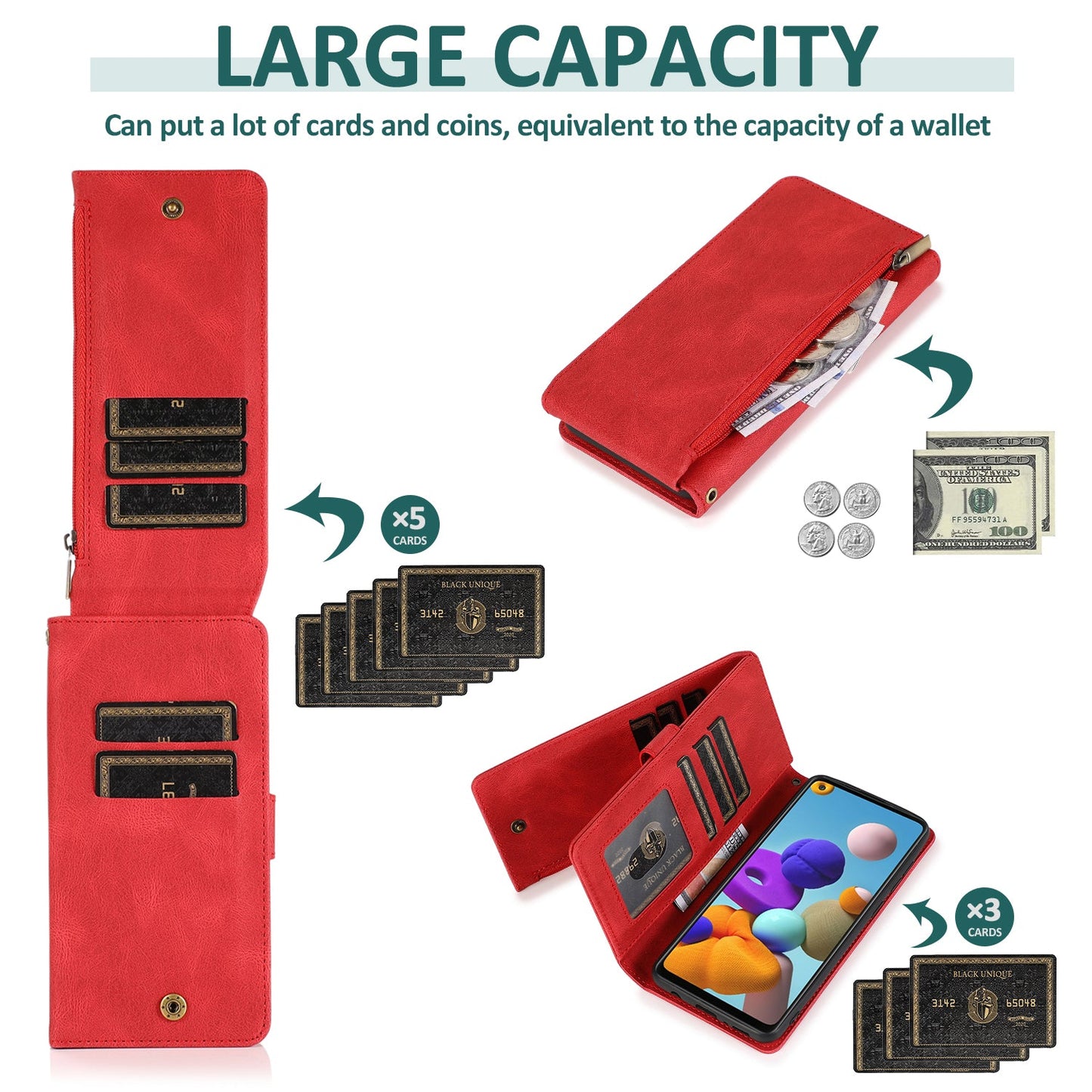 Étui en cuir zippé multi-cartes toucher de luxe pour Samsung A21S