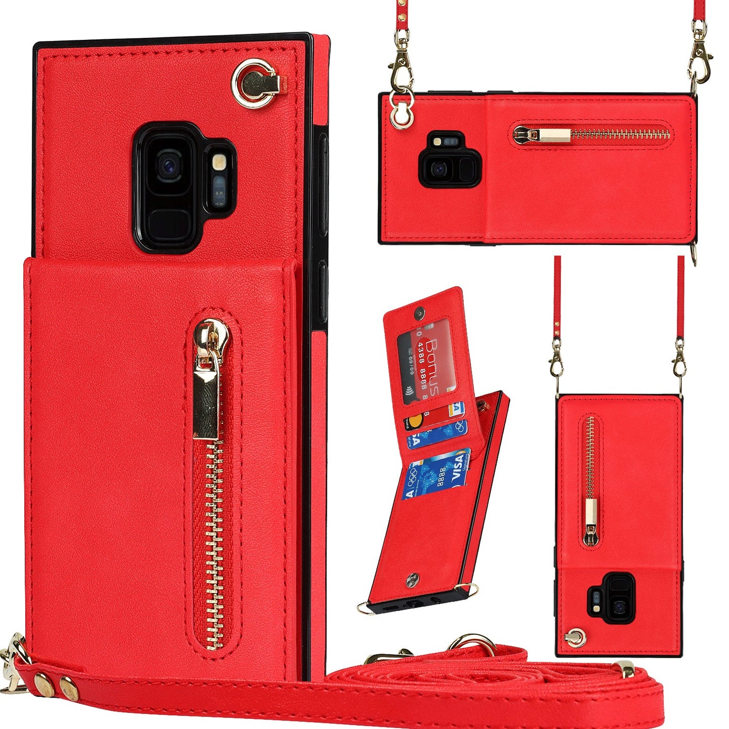 Nouvel étui de téléphone portefeuille à fermeture éclair en bandoulière pour Samsung S9