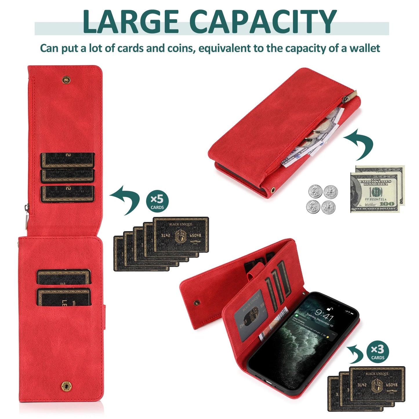 Luxury Skin Feel Multi-card Zipper Leather Case For iPhone