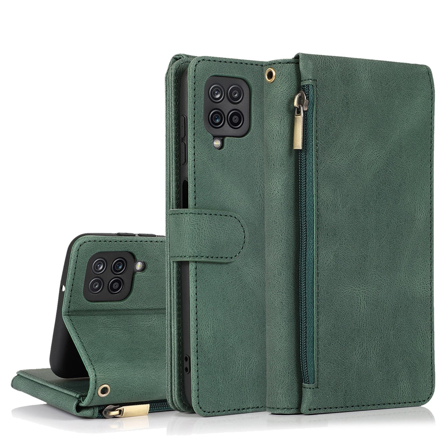 Étui en cuir de luxe avec fermeture éclair et emplacements pour cartes multiples pour Samsung A12