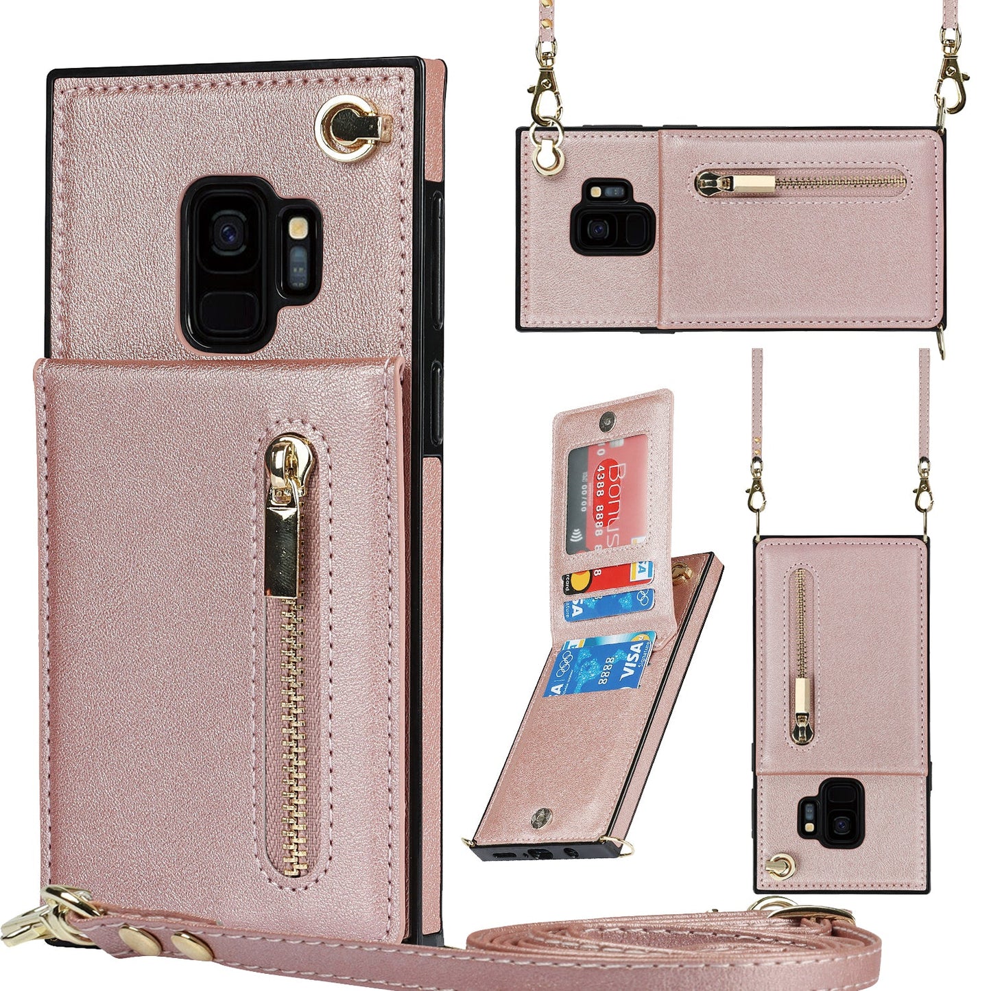 Nouvel étui de téléphone portefeuille à fermeture éclair en bandoulière pour Samsung S9
