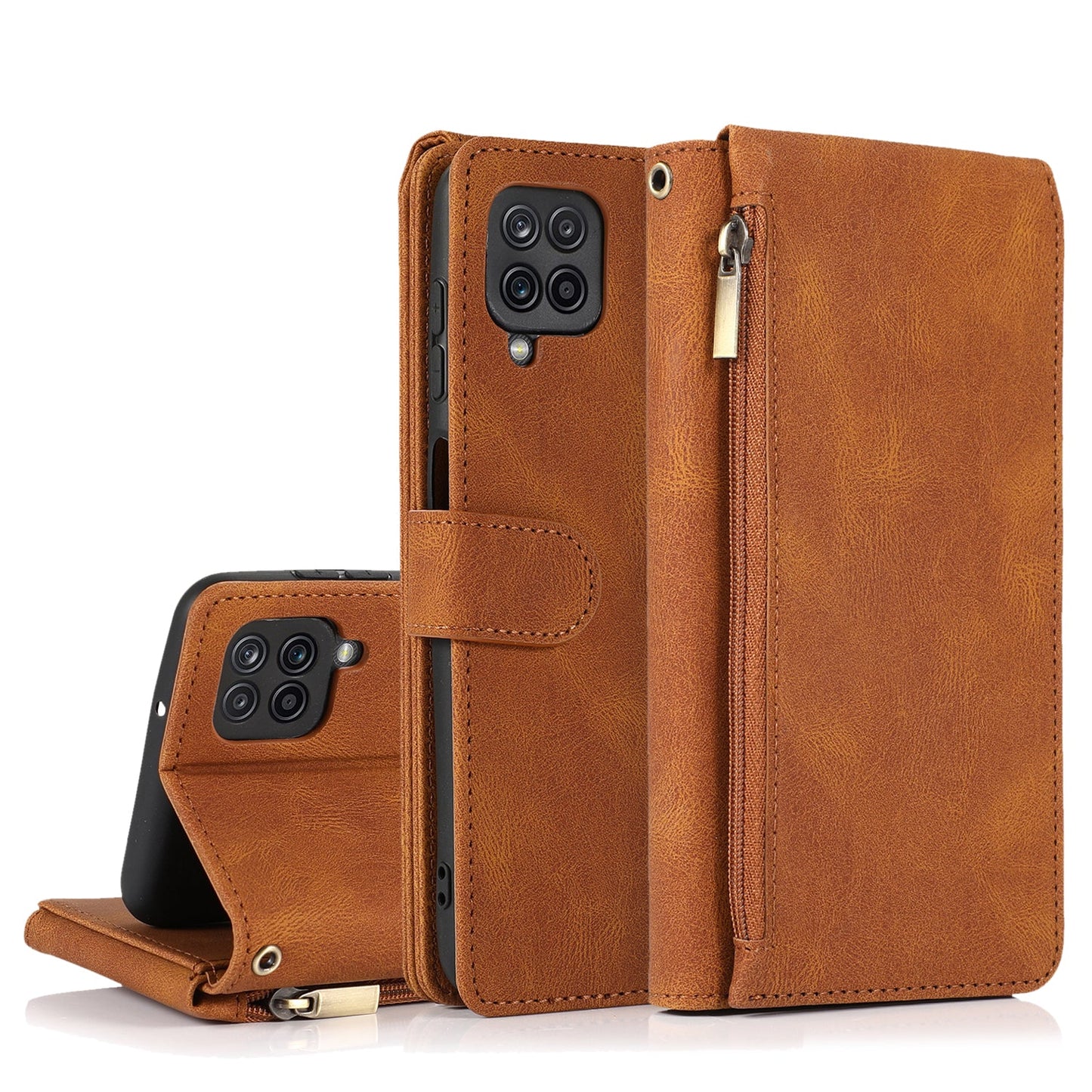 Étui en cuir de luxe avec fermeture éclair et emplacements pour cartes multiples pour Samsung A12