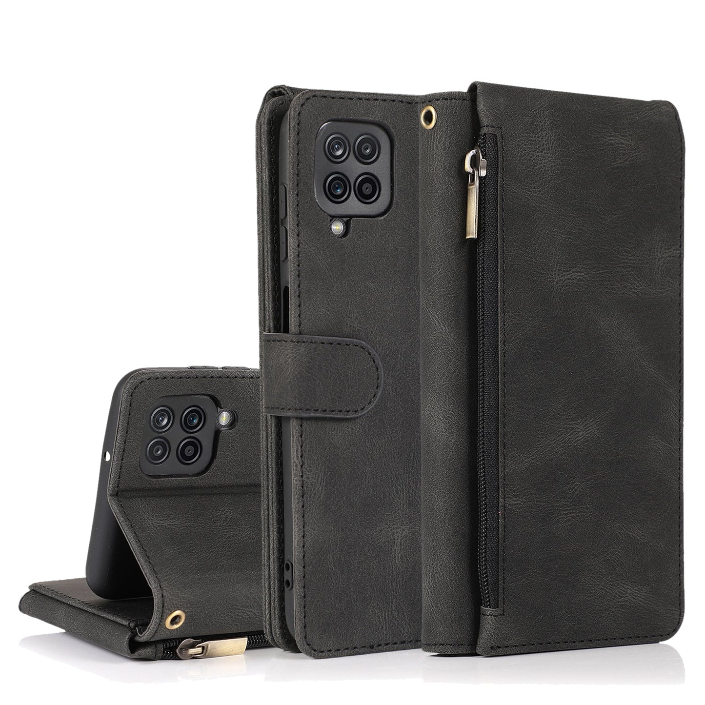 Étui en cuir de luxe avec fermeture éclair et emplacements pour cartes multiples pour Samsung A12
