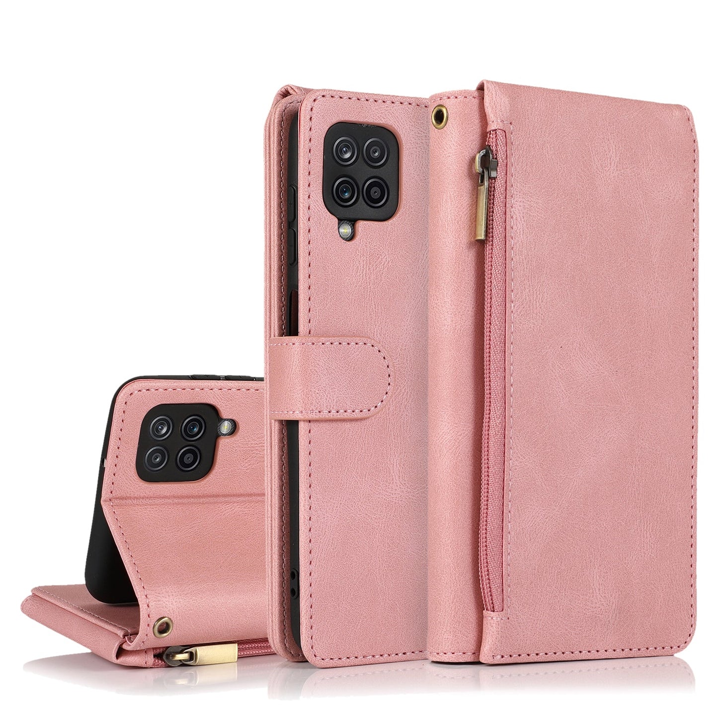 Étui en cuir de luxe avec fermeture éclair et emplacements pour cartes multiples pour Samsung A12