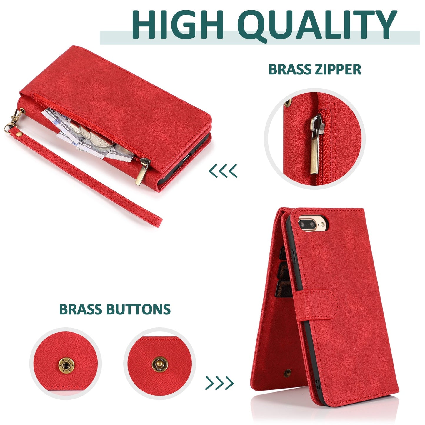 Luxury Skin Feel Multi-card Zipper Leather Case For iPhone 7 Plus/8 Plus