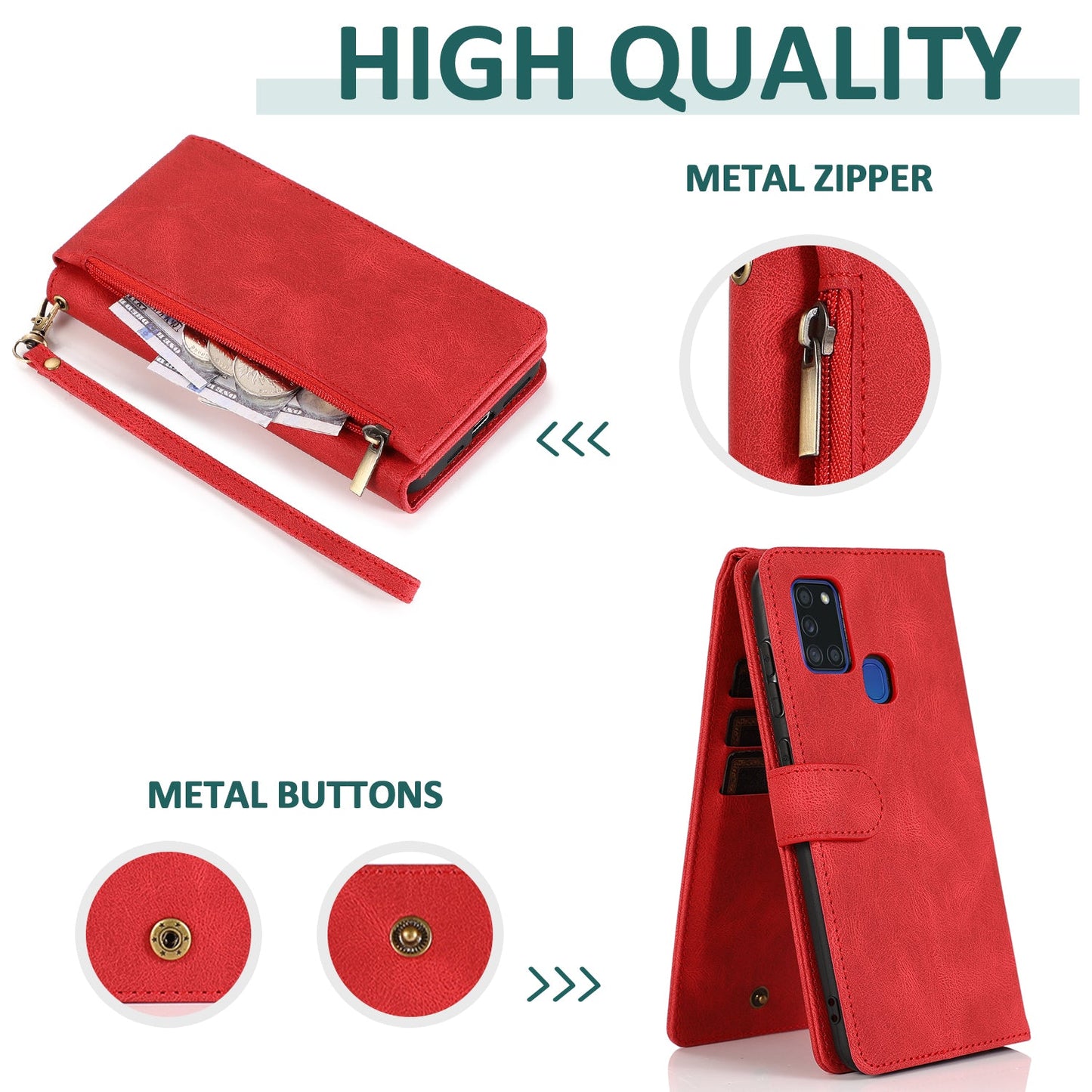 Étui en cuir zippé multi-cartes toucher de luxe pour Samsung A21S