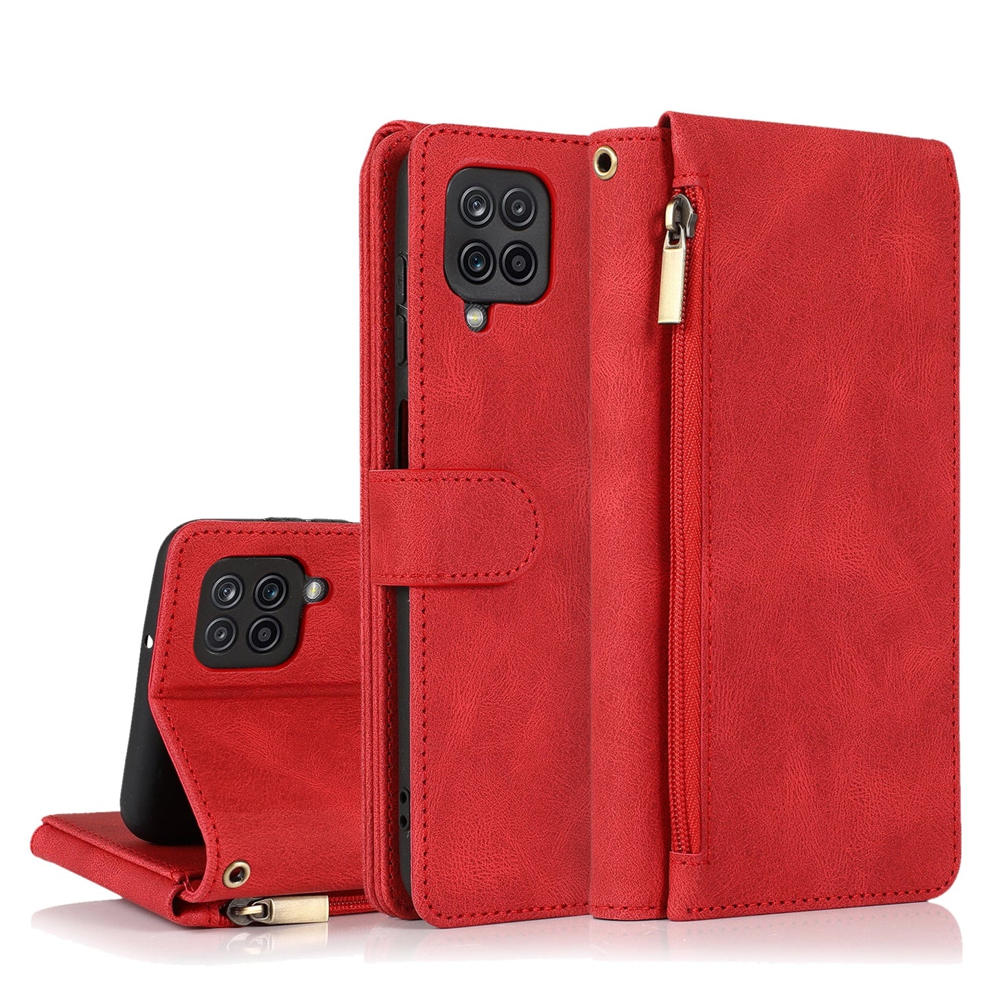 Étui en cuir de luxe avec fermeture éclair et emplacements pour cartes multiples pour Samsung A12