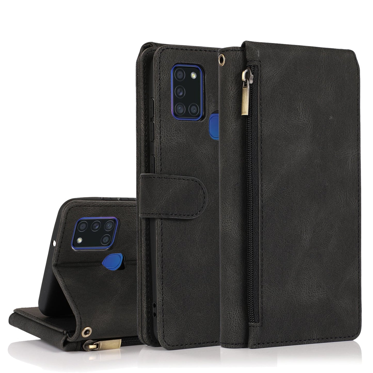 Étui en cuir zippé multi-cartes toucher de luxe pour Samsung A21S