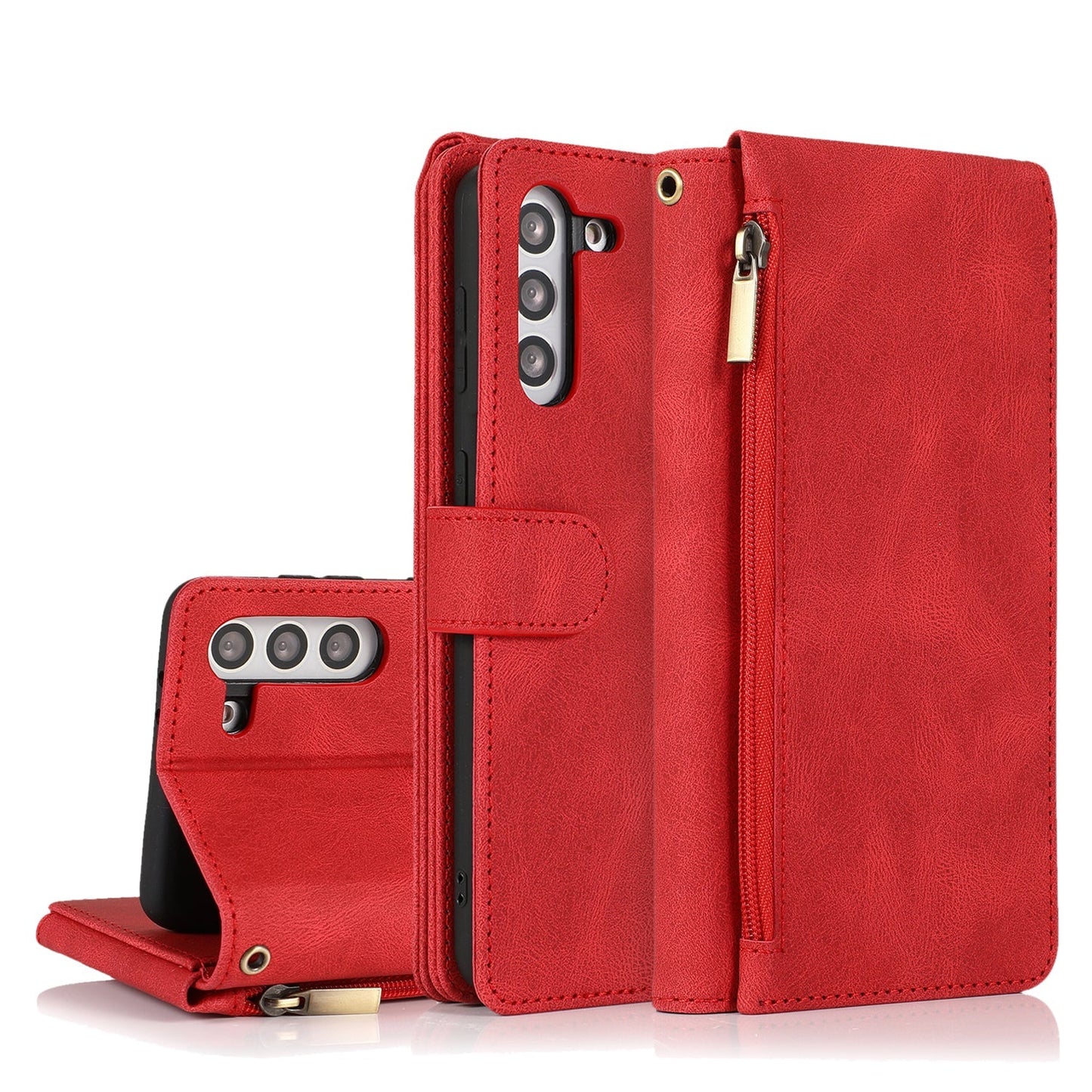 Étui en cuir à fermeture éclair multi-cartes, toucher luxueux, pour Samsung S21FE