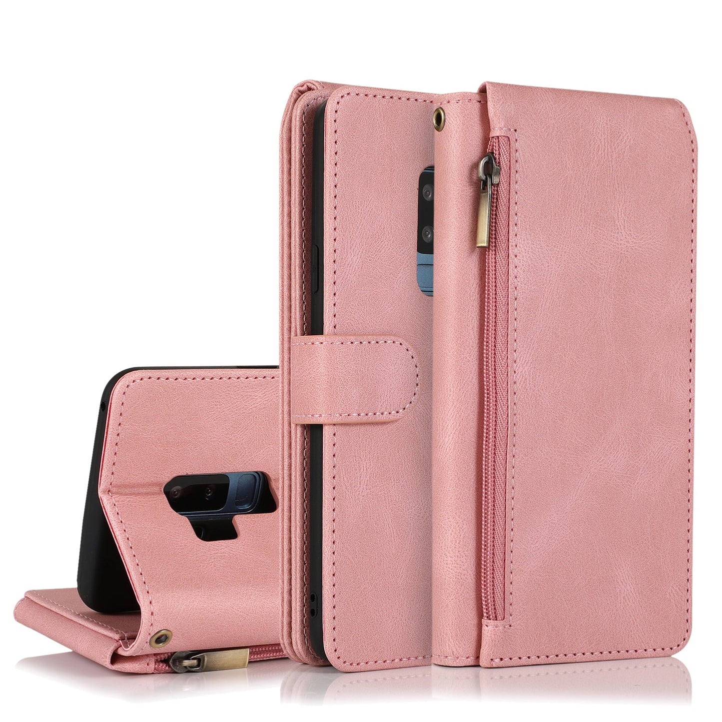 Étui en Cuir de Luxe Multi-cartes avec Fermeture Éclair pour Samsung S9 Plus