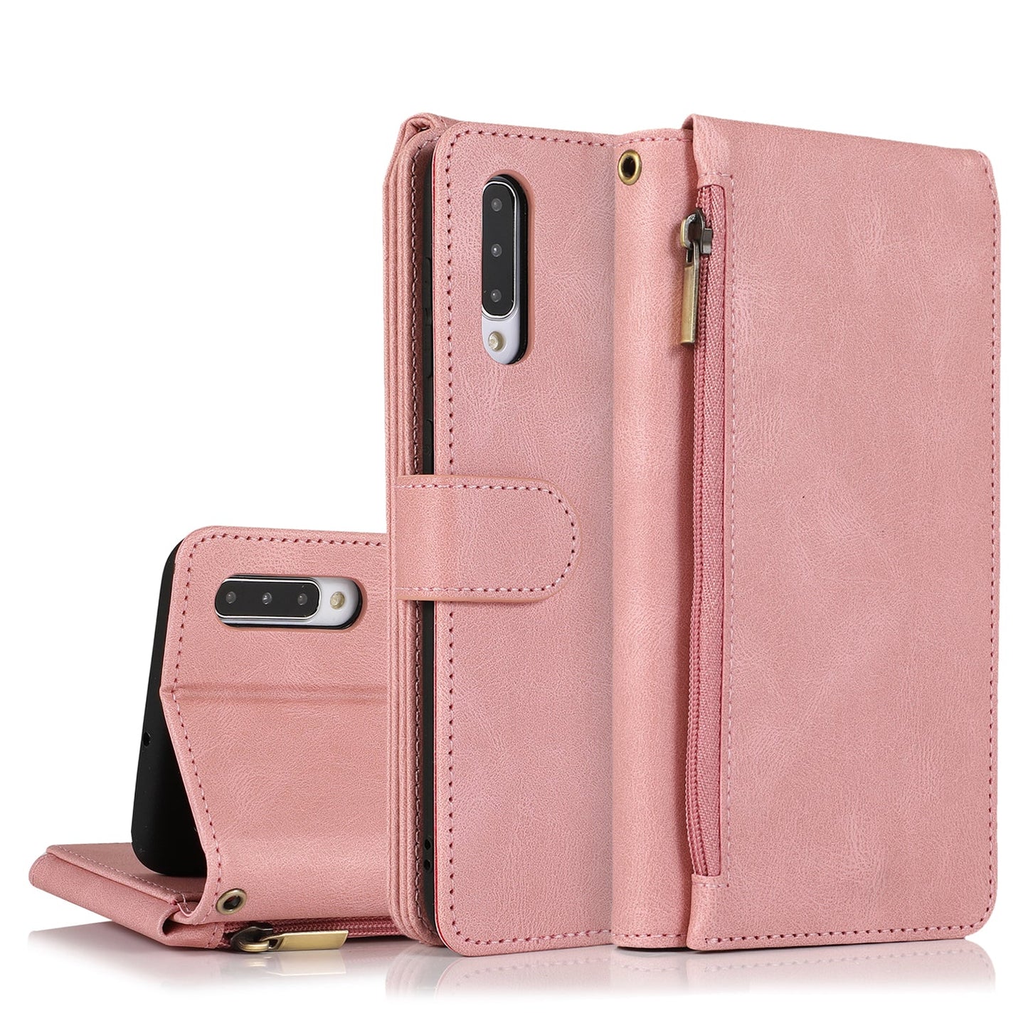 Étui en cuir de luxe à fermeture éclair multi-cartes pour Samsung A50