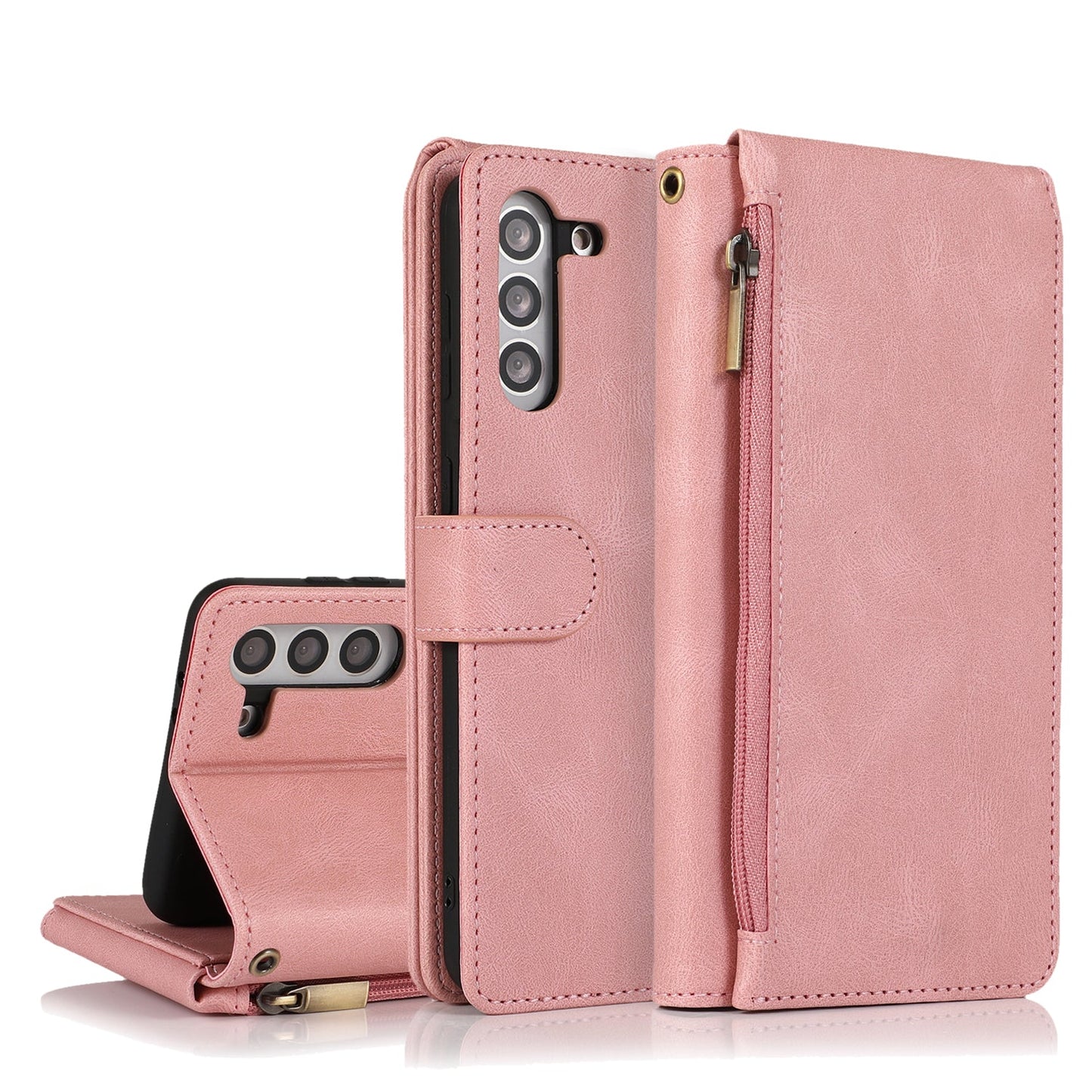 Étui en cuir de luxe avec fermeture éclair et emplacements pour cartes multiples pour Samsung S21