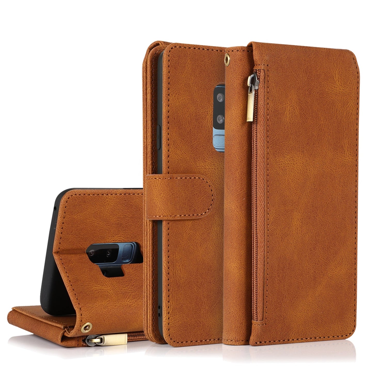 Étui en Cuir de Luxe Multi-cartes avec Fermeture Éclair pour Samsung S9 Plus