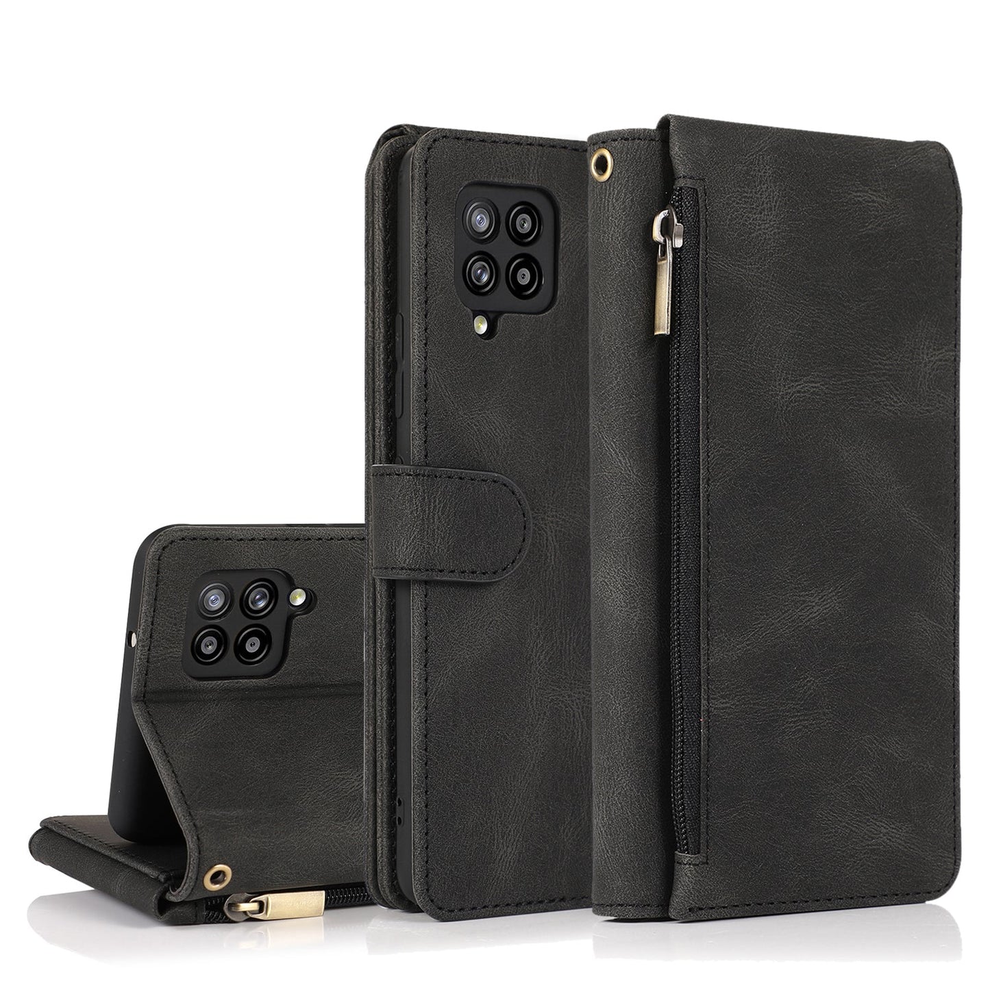 Étui en cuir de luxe multi-cartes à fermeture éclair pour Samsung A42