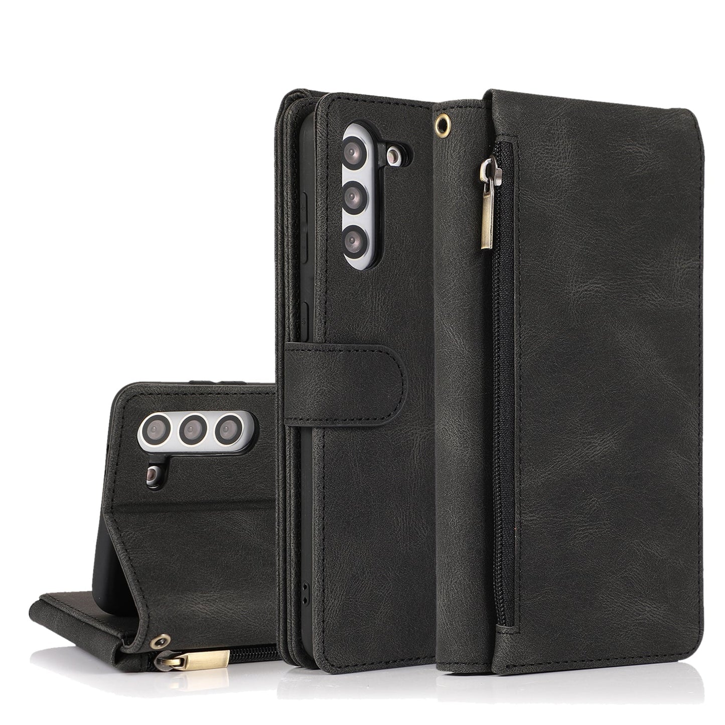 Étui en cuir à fermeture éclair multi-cartes, toucher luxueux, pour Samsung S21FE