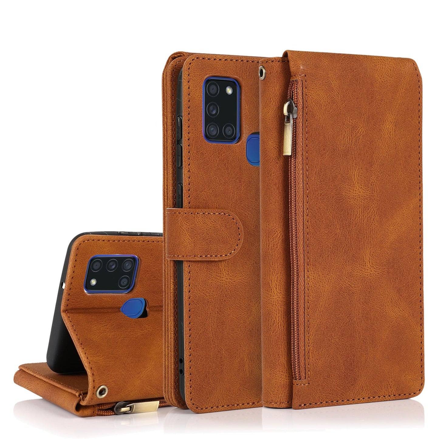 Étui en cuir zippé multi-cartes toucher de luxe pour Samsung A21S