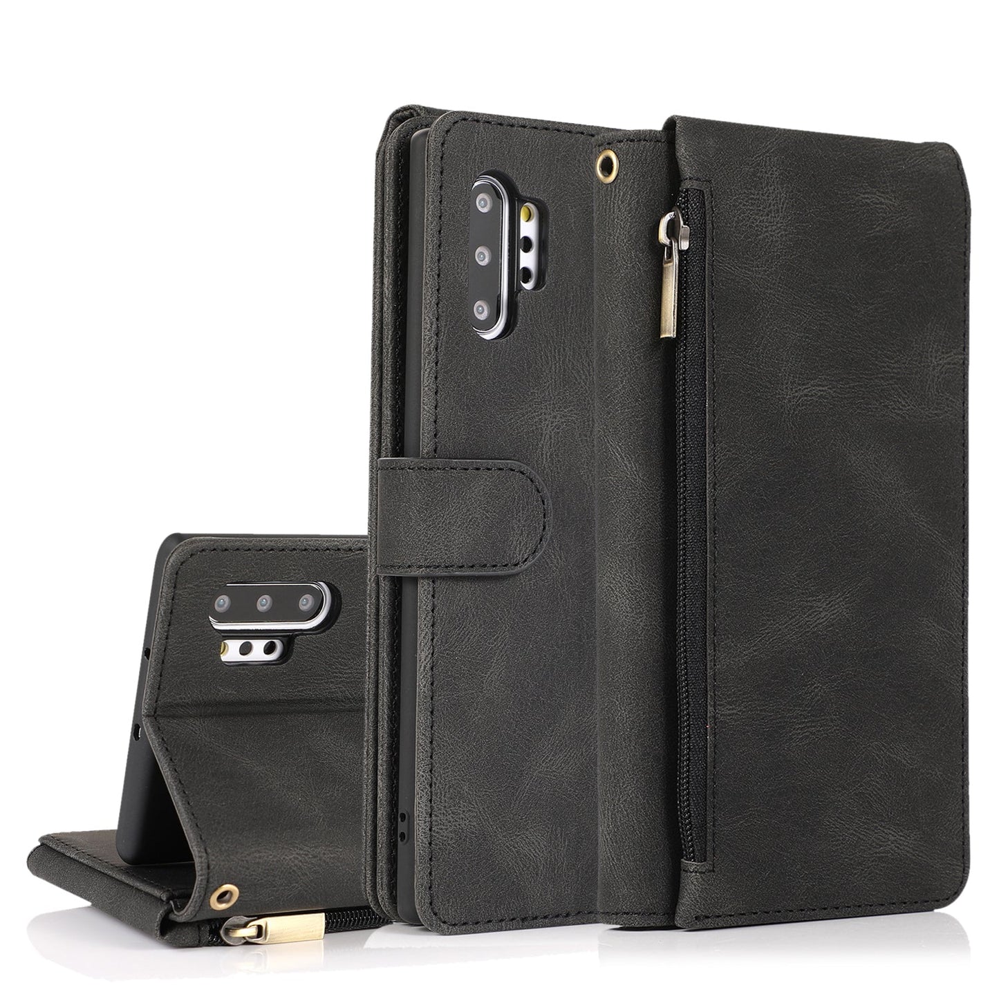 Étui en Cuir de Luxe Multi-cartes à Fermeture Éclair pour Samsung Note10 Plus