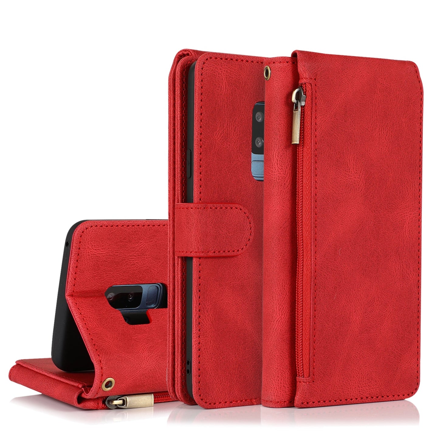 Étui en Cuir de Luxe Multi-cartes avec Fermeture Éclair pour Samsung S9 Plus