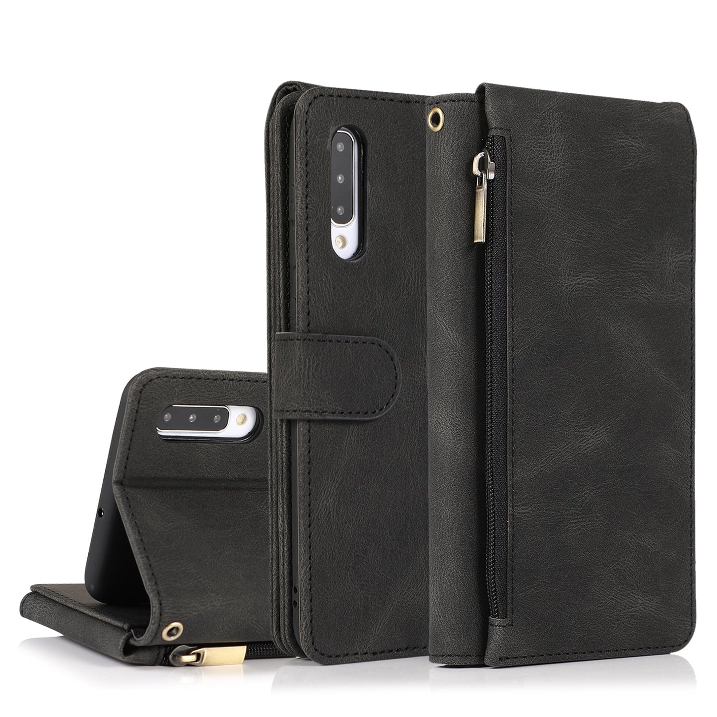 Étui en cuir de luxe à fermeture éclair multi-cartes pour Samsung A70