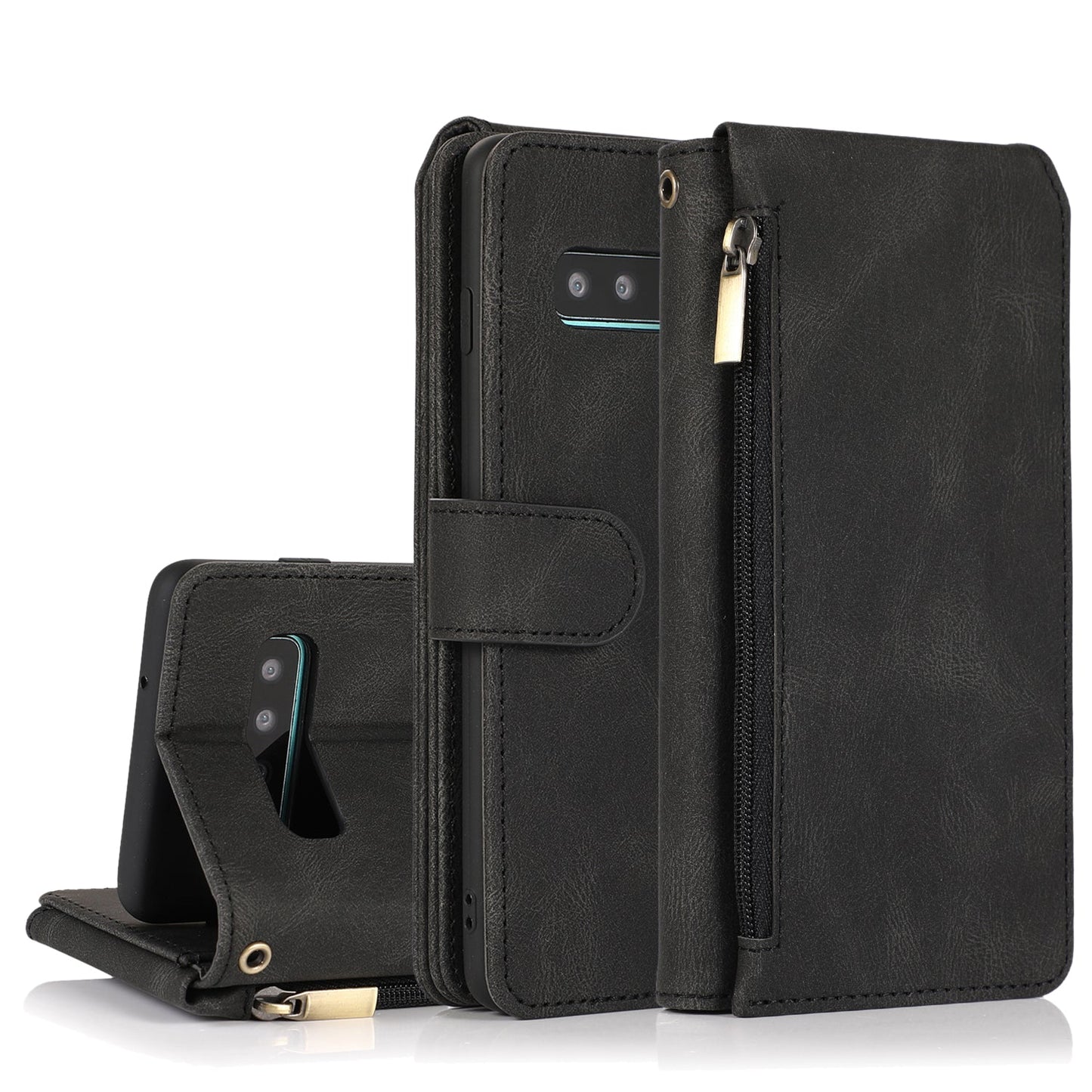 Étui en Cuir à Fermeture Éclair Multi-cartes Sensation Peau de Luxe pour Samsung S10