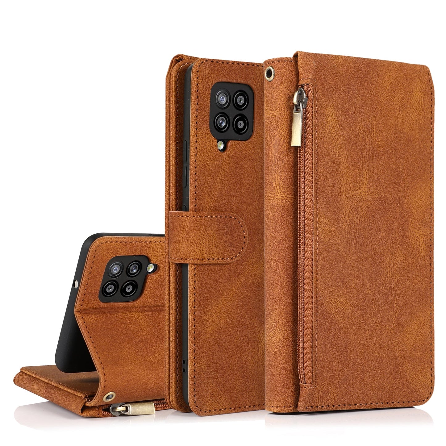 Étui en cuir de luxe multi-cartes à fermeture éclair pour Samsung A42