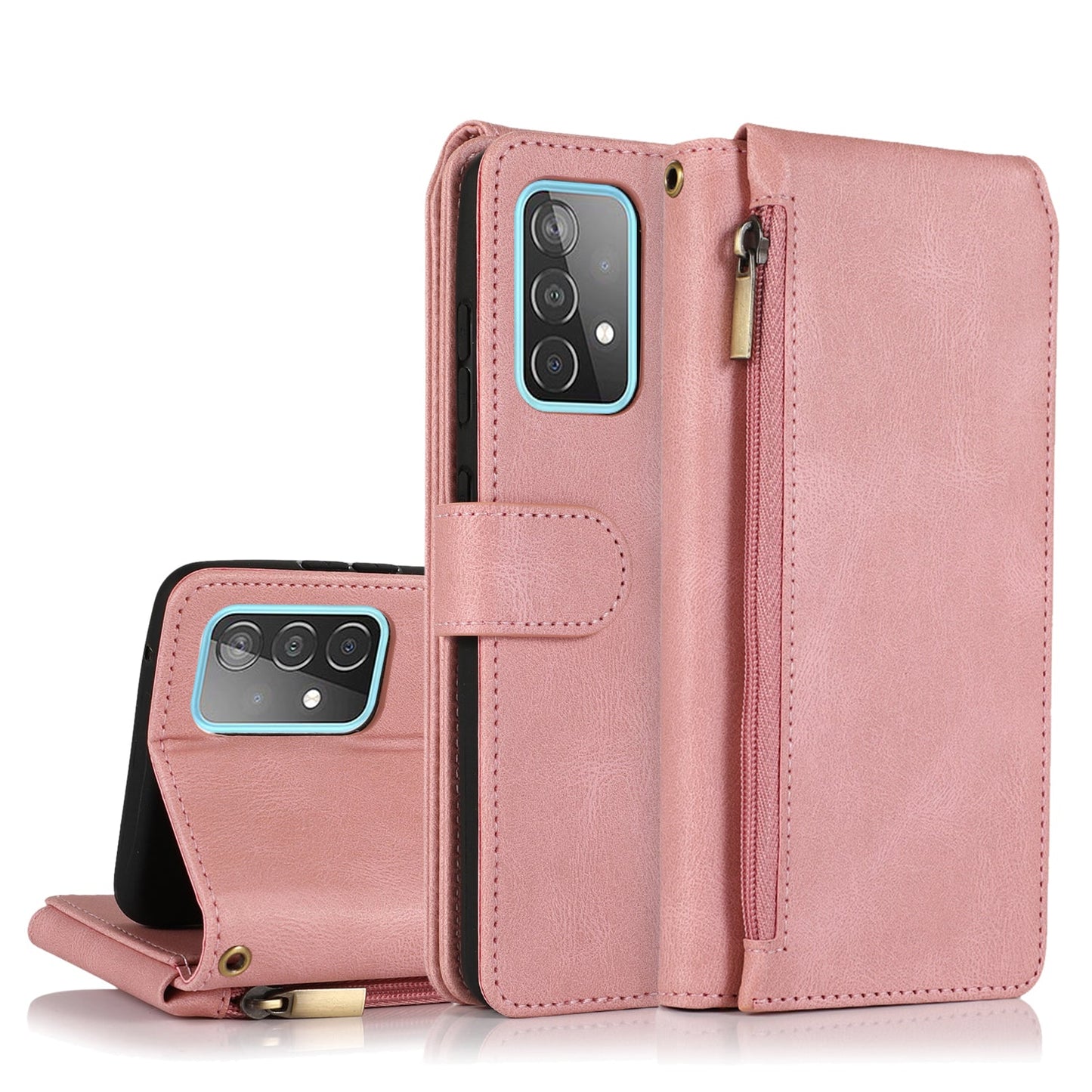 Étui en cuir de luxe à fermeture éclair multi-cartes pour Samsung A72