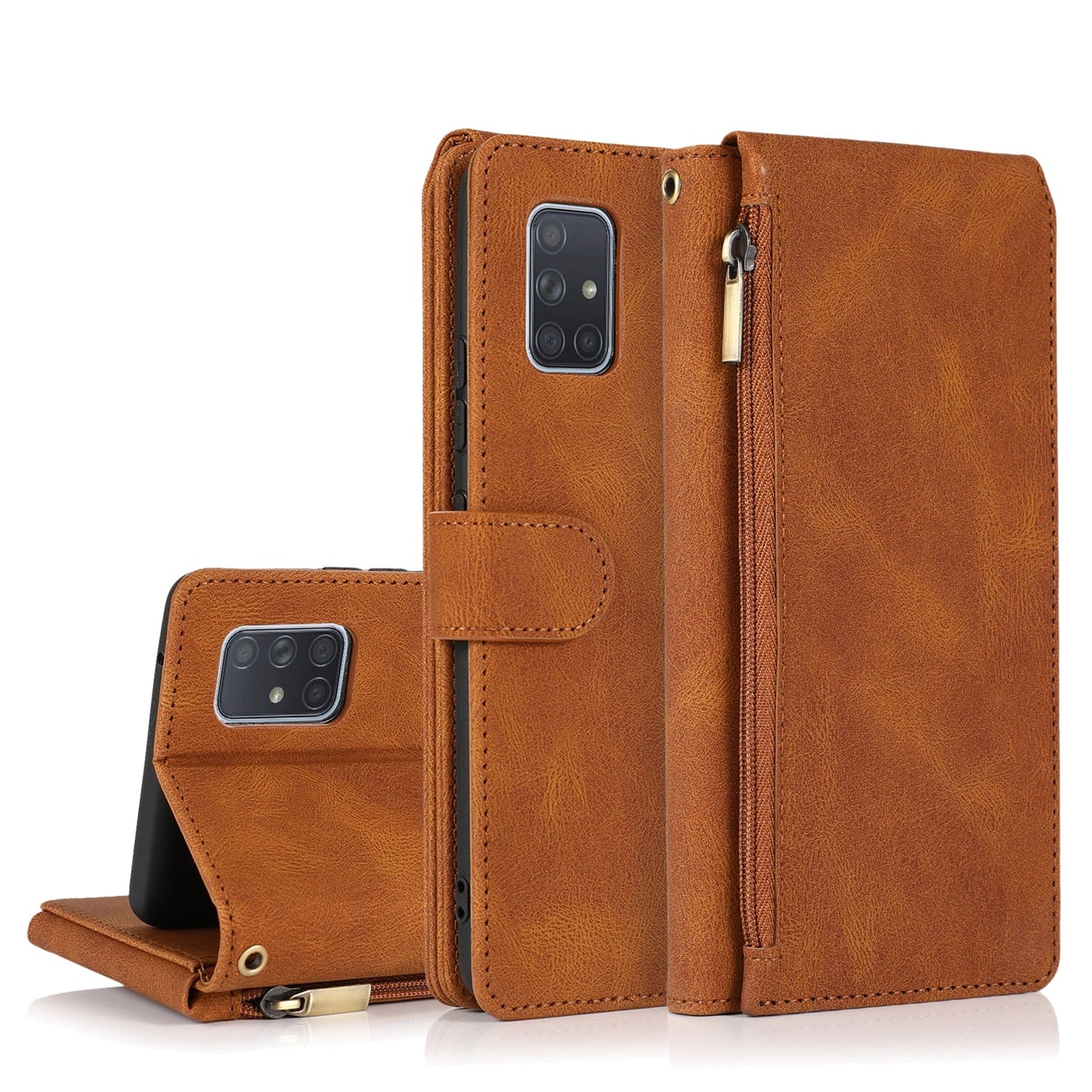 Housse en cuir zippée multi-cartes toucher peau de luxe pour Samsung A51