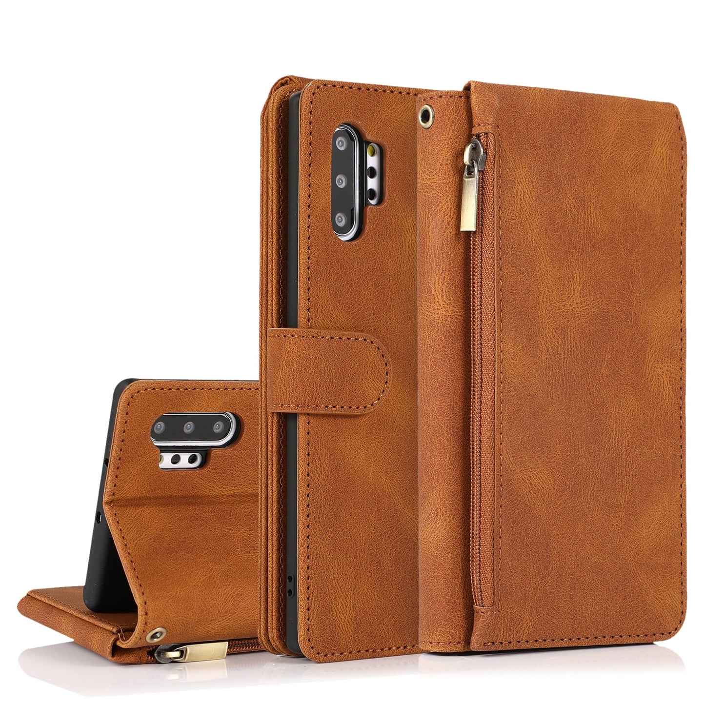 Étui en Cuir de Luxe Multi-cartes à Fermeture Éclair pour Samsung Note10 Plus