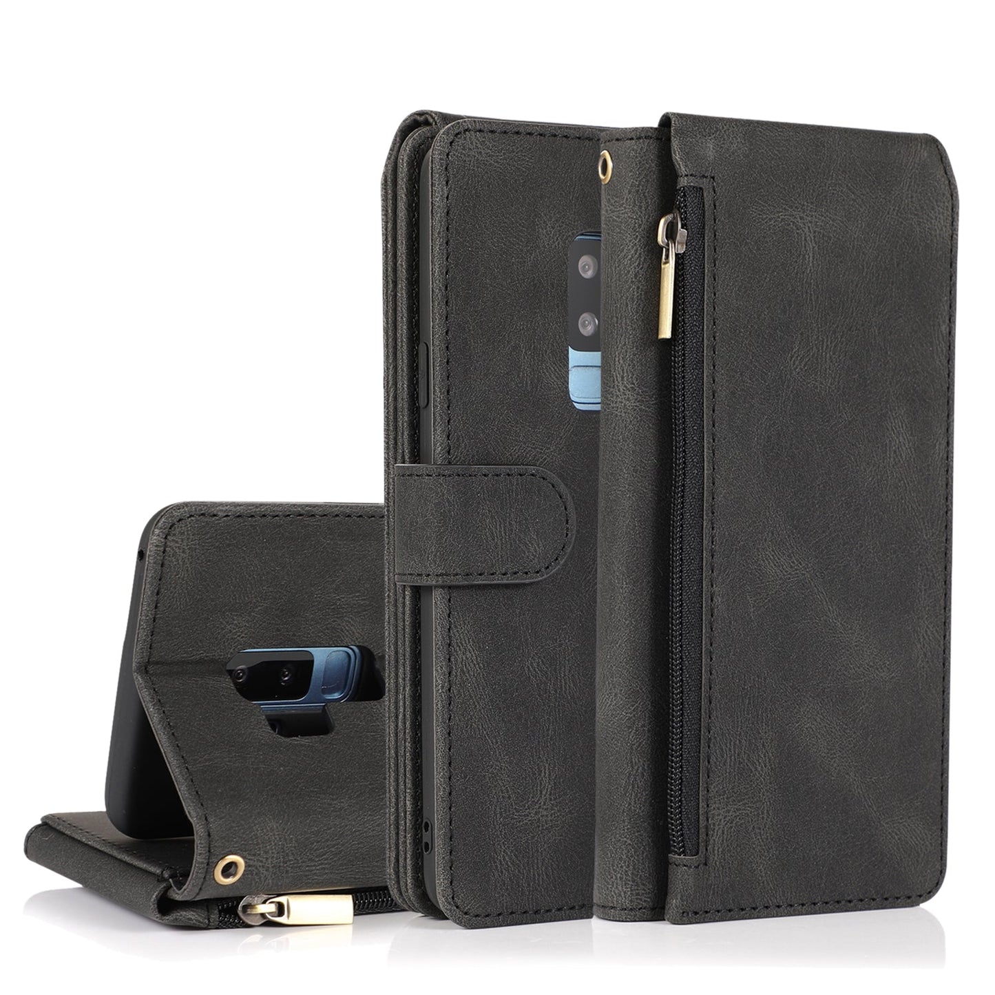 Étui en Cuir de Luxe Multi-cartes avec Fermeture Éclair pour Samsung S9 Plus