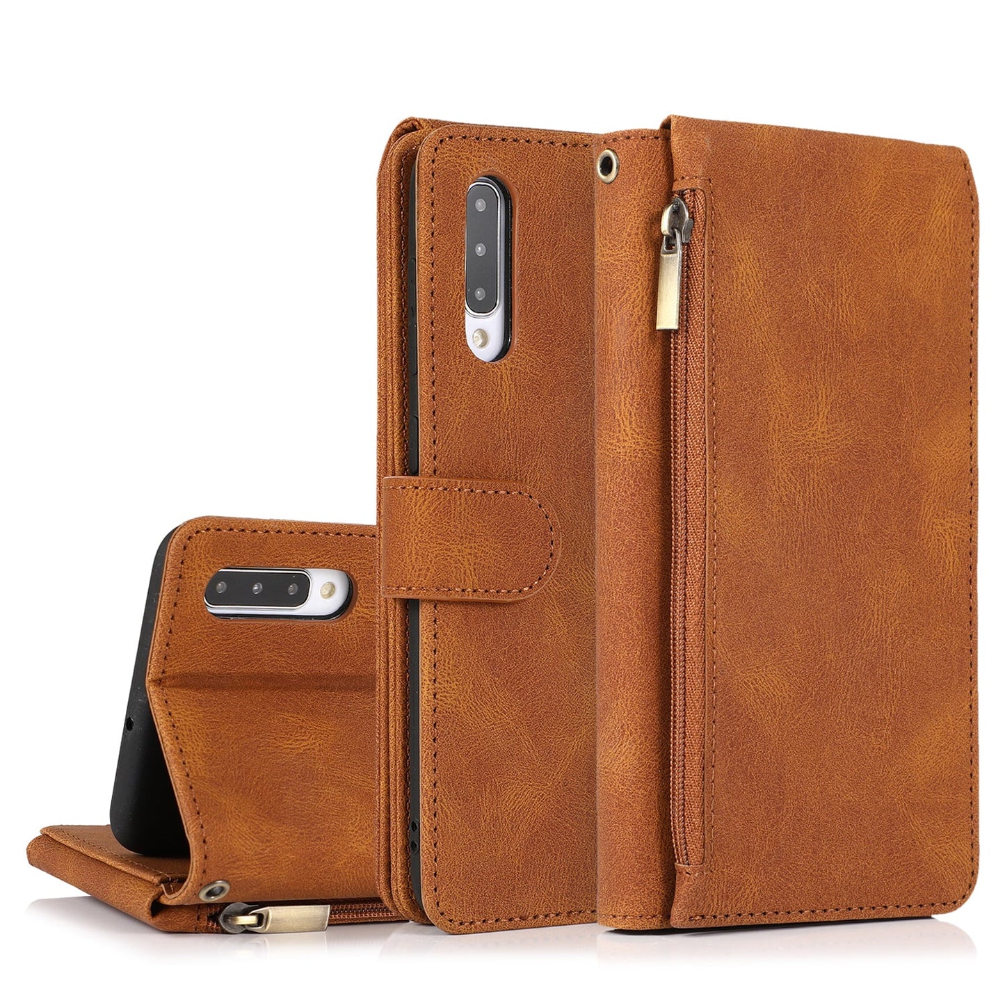 Étui en cuir de luxe à fermeture éclair multi-cartes pour Samsung A70